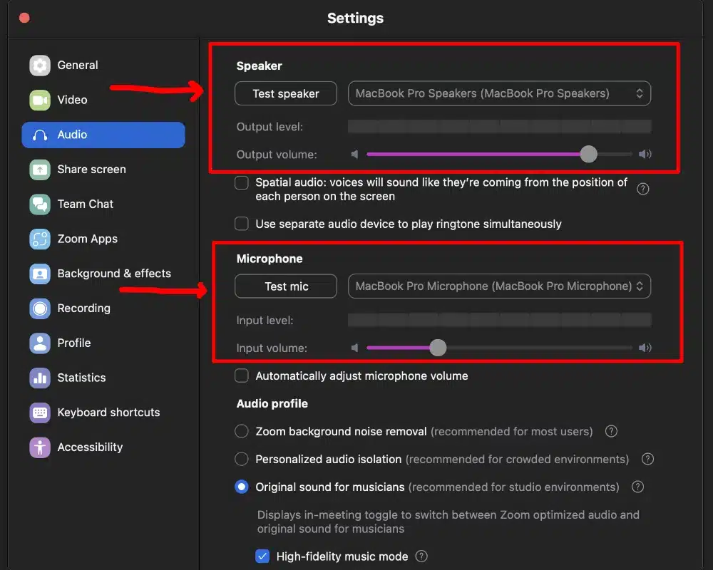 6th step zoom audio settings for music