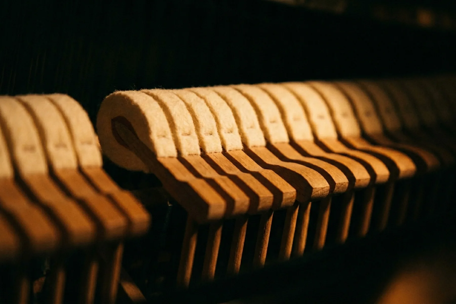 A single dark basalt stone resting on piano keys in warm candlelight — transferred weight made tangible, the physical principle behind arm-weight tone production
