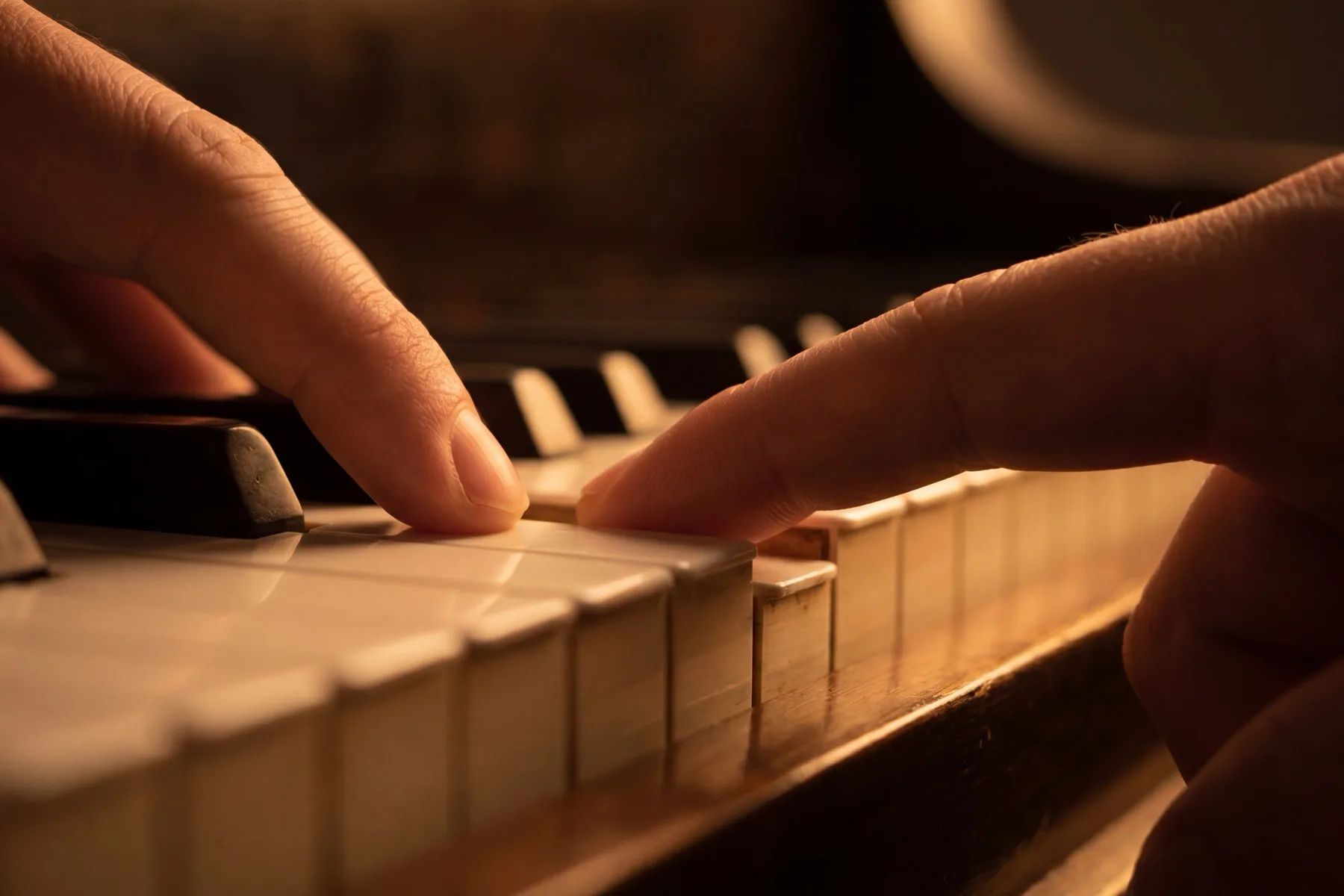Two fingers side by side on adjacent piano keys — one curved in a dome shape, the other extended flat — the same keyboard, two different tonal choices