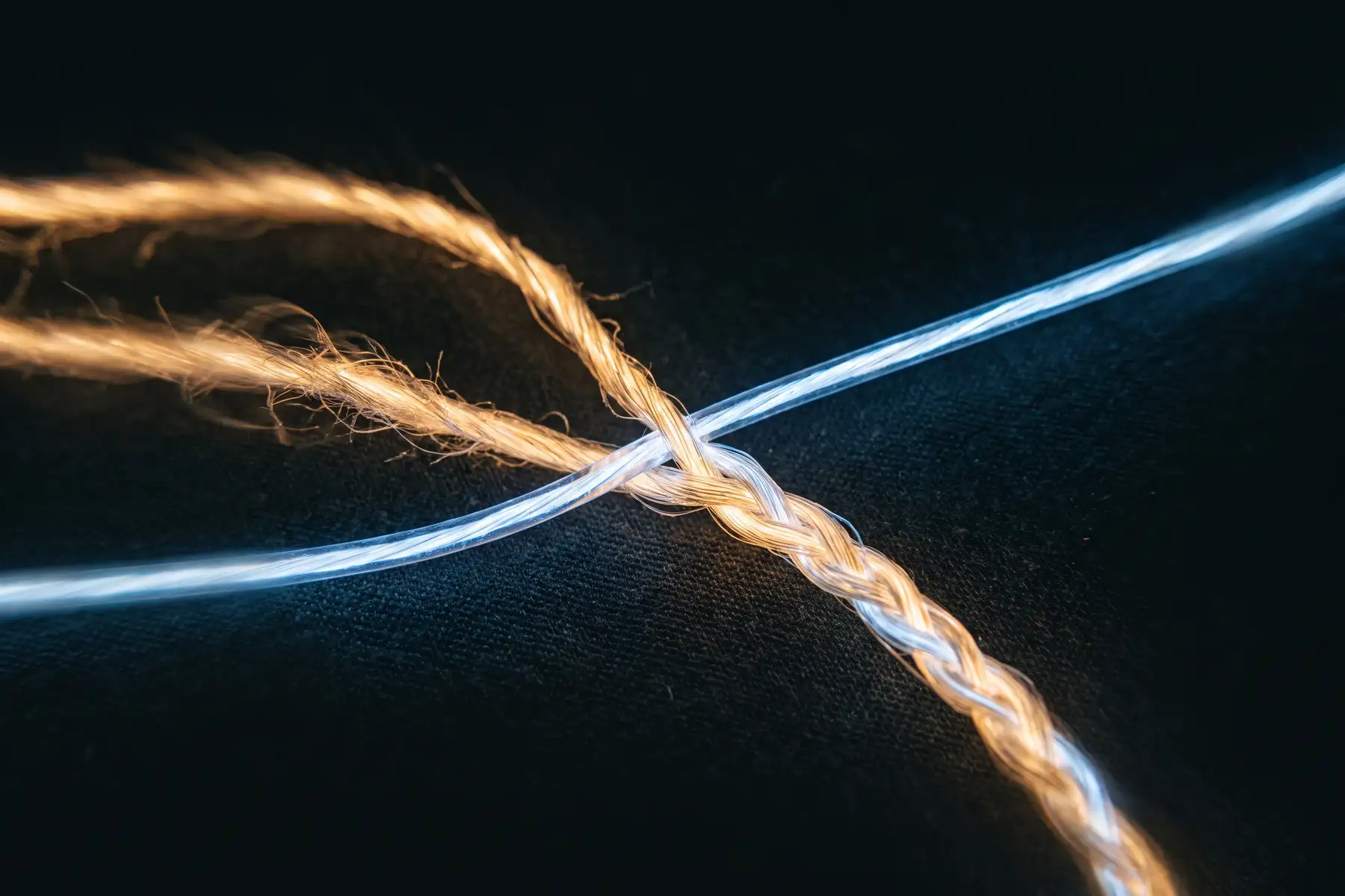 Two braided ribbons of light — warm amber and cool blue-white — crossing and fusing into a single continuous strand against near-black, two opposite motions becoming one whole