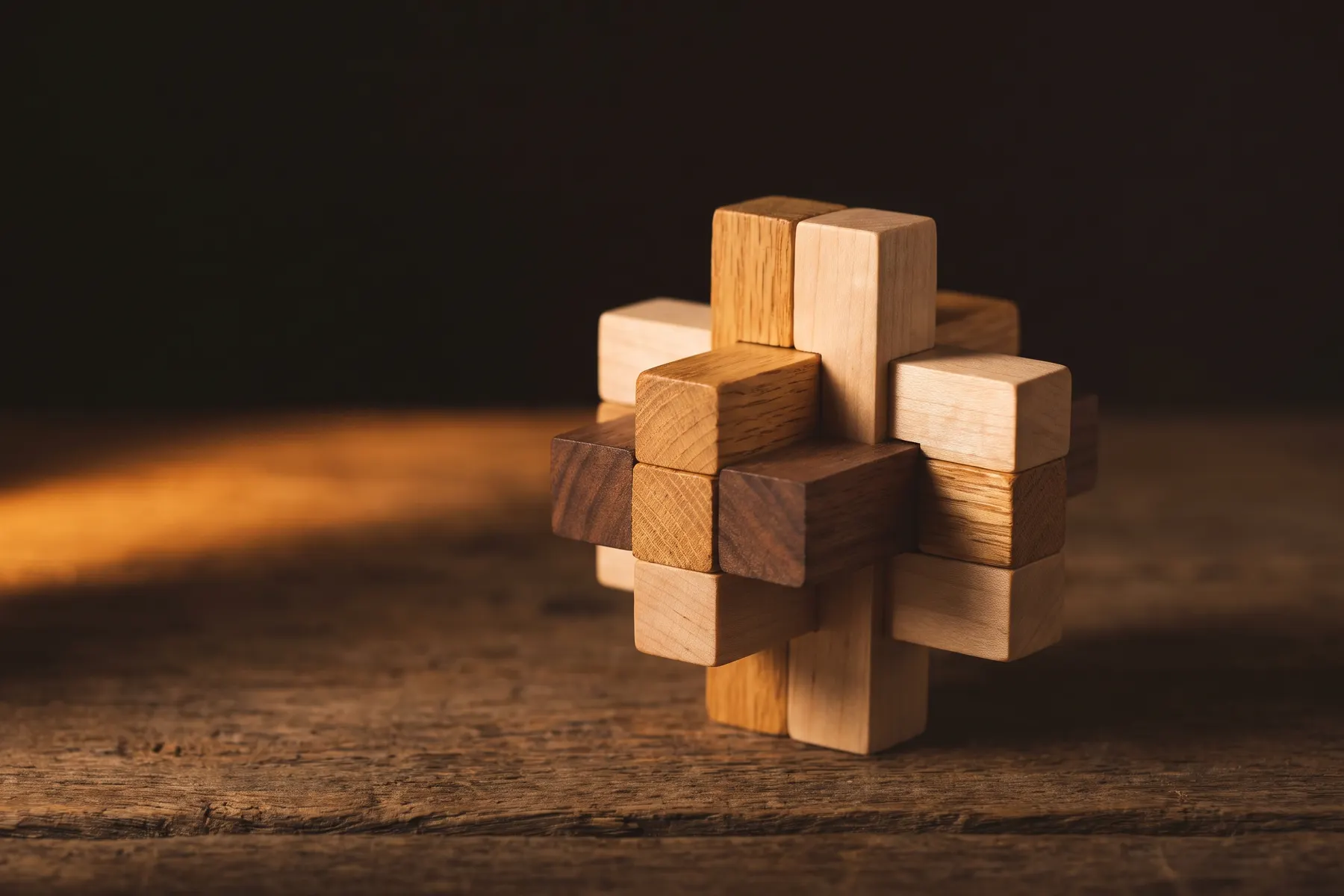 Square beams of pale maple, golden oak and dark walnut pass through one another into a single interlocking wooden joint on an old table, each wood keeping its own colour and grain, lit by one warm shaft of light against deep darkness.