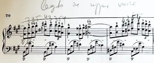 Chopin Nocturne Opus 48 No. 2 legato octave fingering — 3-4-5 upper voice with arm movement marked on the score