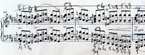 Chopin Octave Étude Opus 25 No. 10 opening fingering — 5-4-3 outer voices legato octave technique marked on the score