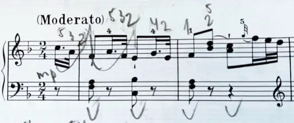 Haydn F-major Sonata second movement opening — short three-note phrases with arm movement fingering marked