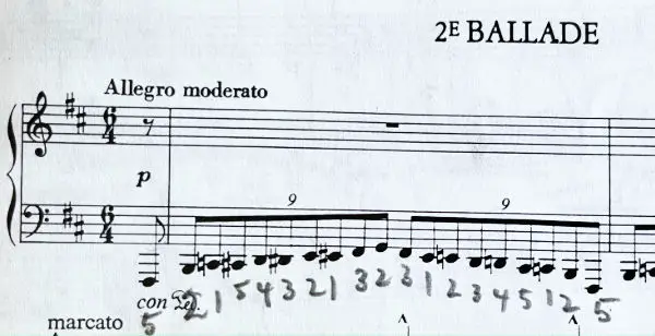 Liszt's Second Ballade first measure fingering — chromatic passage with all-finger technique marked on the score