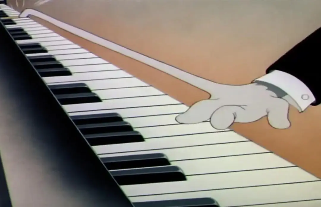 Tom and Jerry piano finger stretch illustration — exaggerated hand stretching at the keyboard