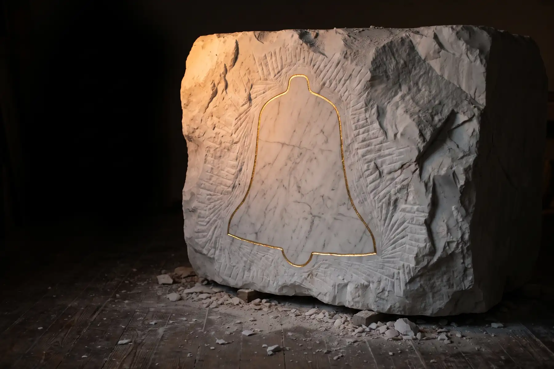 A rough block of white marble, scarred with chisel marks, with the fine gold outline of a bell traced on its face as the shape it is being carved toward.
