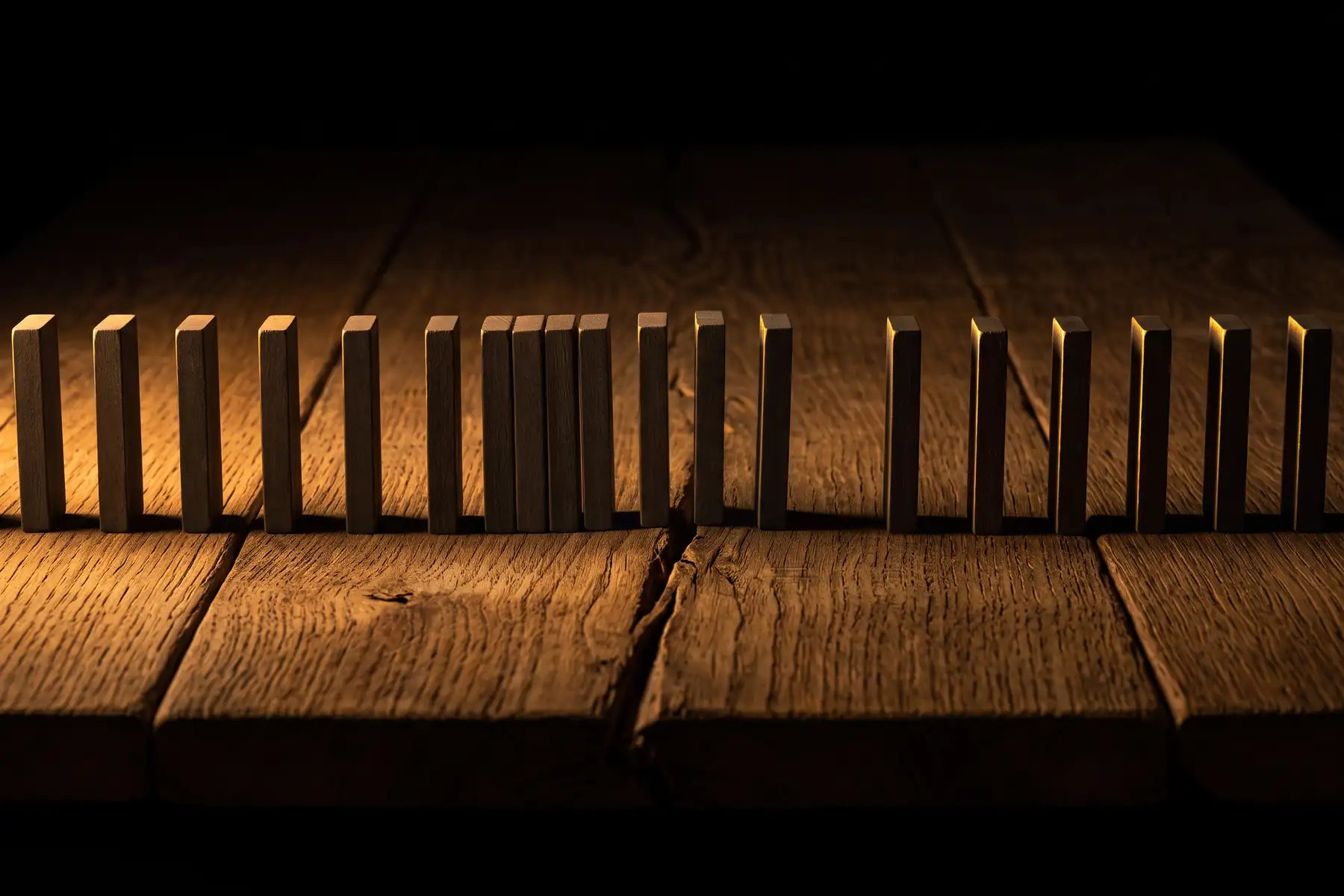 A row of evenly spaced blank dominoes on old oak boards crowds together just before a crack in the wood and opens into a wider gap just after it.