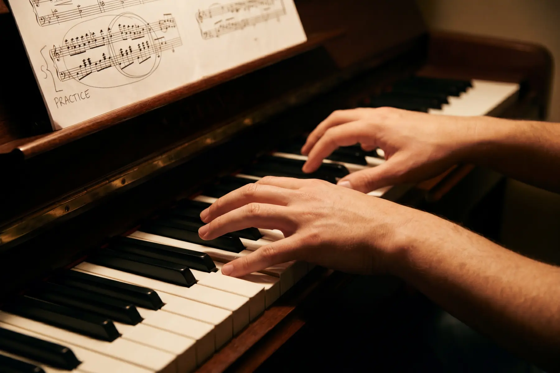 Two hands at an upright piano with annotated sheet music on the stand, a passage circled for focused practice work