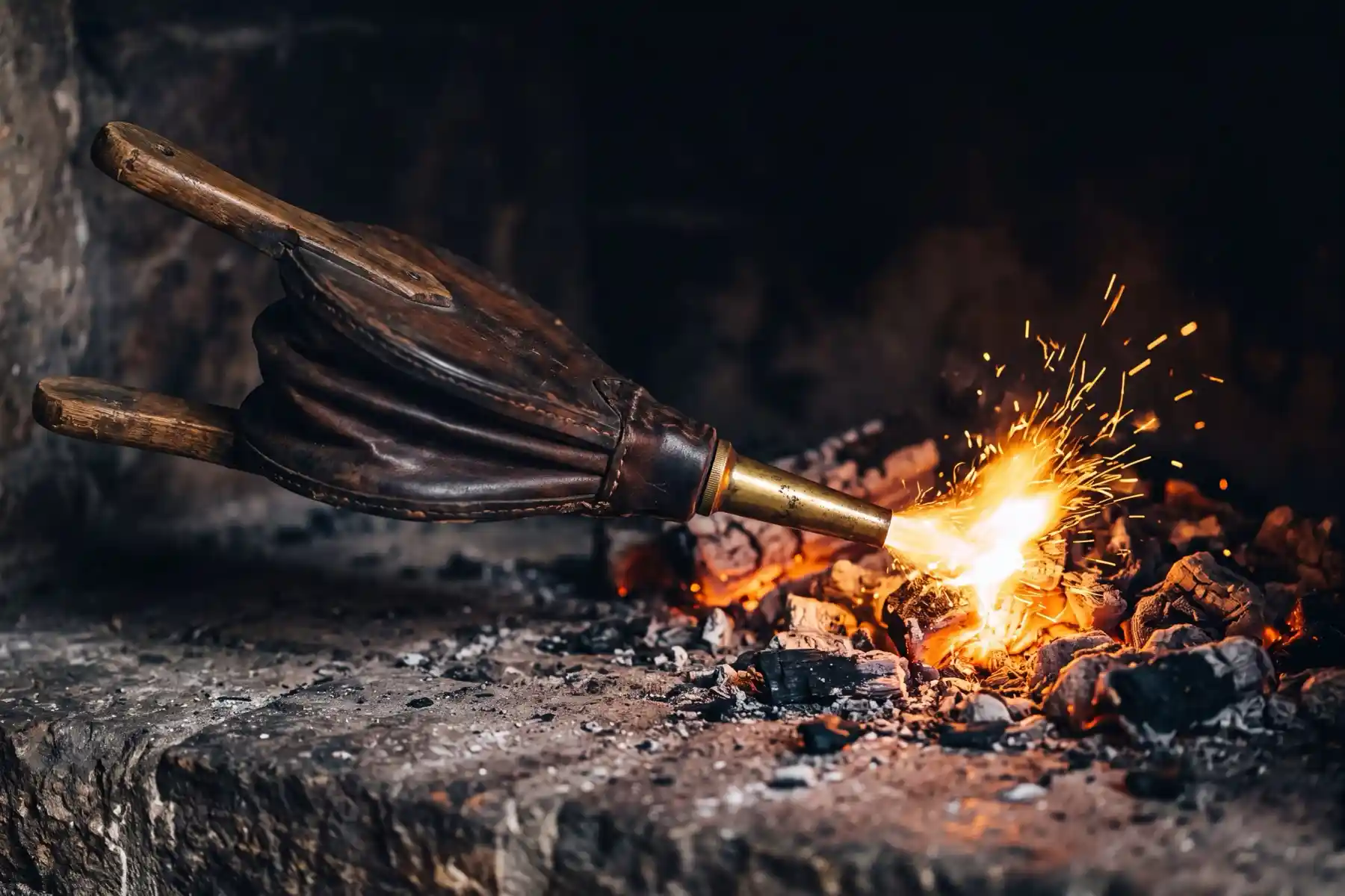 A leather fireplace bellows drives a plume of warm gold spark and heat onto one point of a bed of embers, that point flaring brightest while the surrounding coals settle into a dimmer glow, evoking weight and pressure concentrated toward a single point of intensity.
