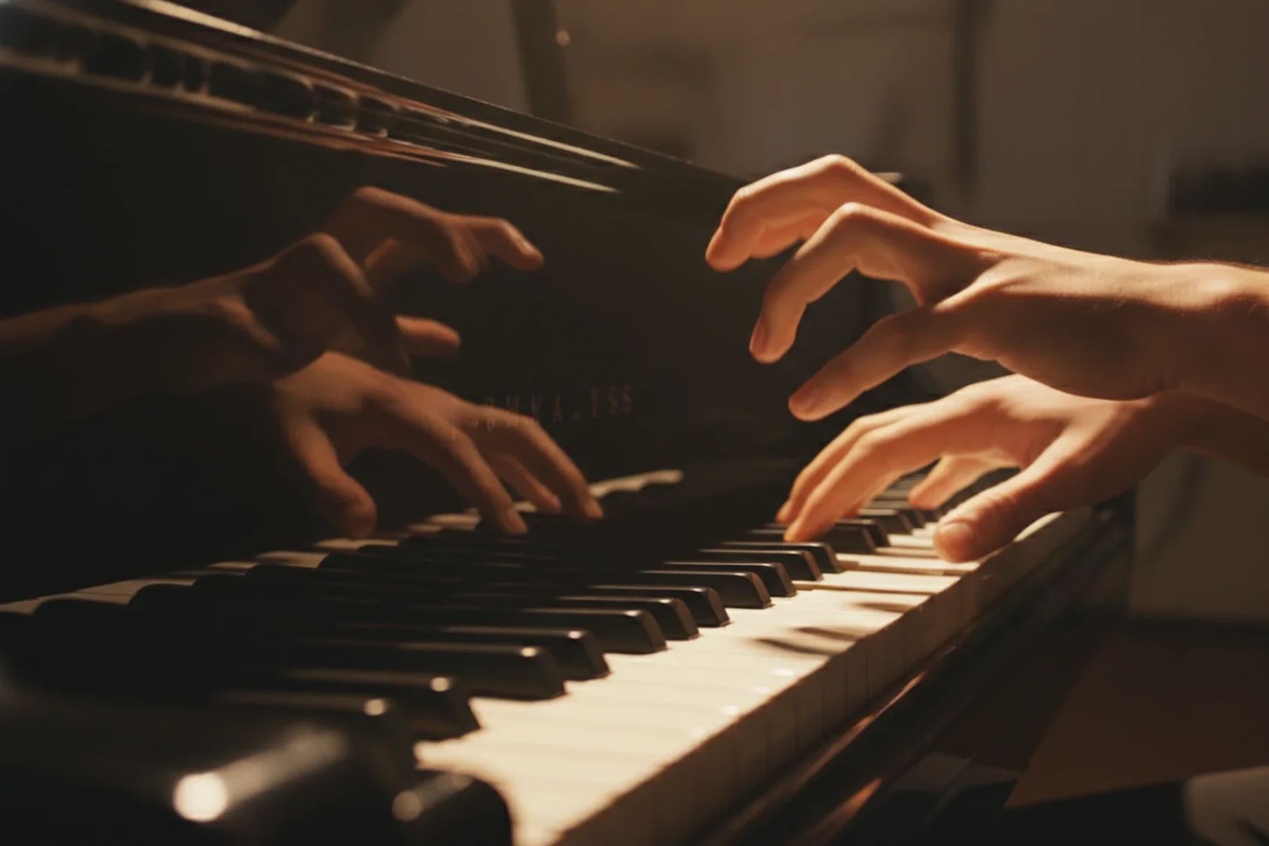 Two hands playing on a grand piano keyboard in warm lamplight, the keys running diagonally through the lower frame and the room falling away into shadow behind