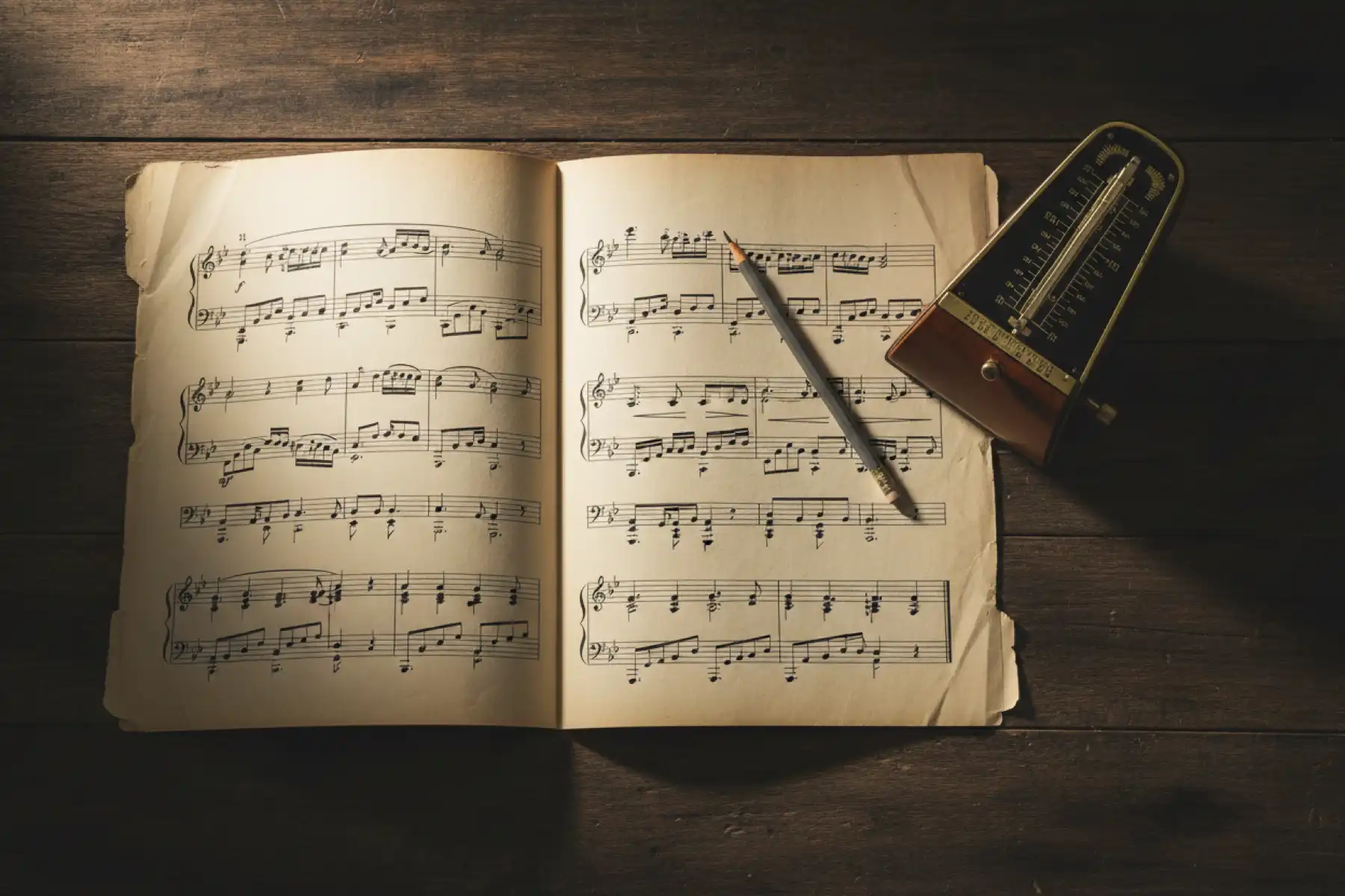 Open sheet music on a dark wooden surface beside a vintage mechanical metronome and a pencil — the diagnostic tools of disciplined piano practice