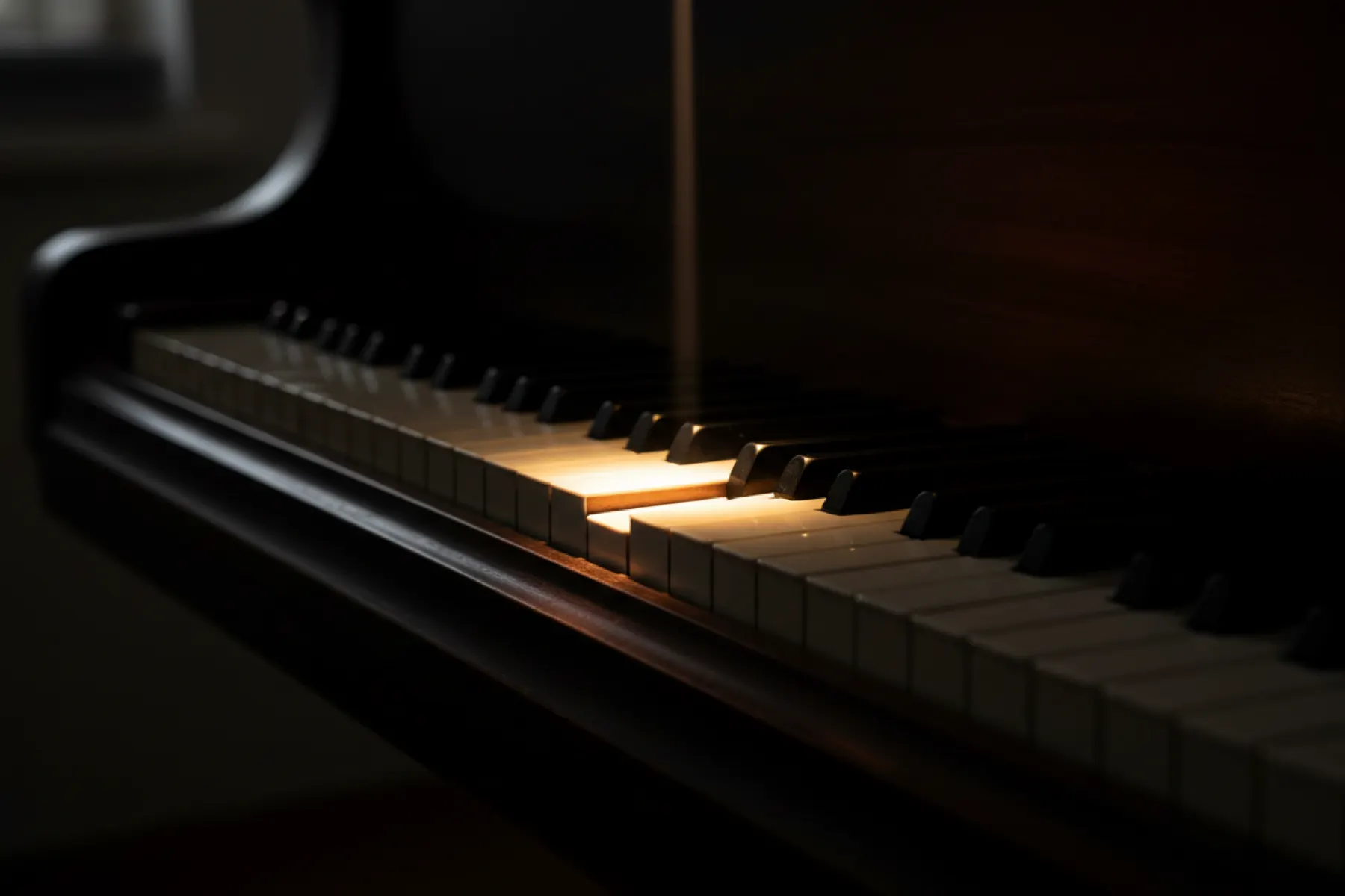 Grand piano keys in side-angle dramatic lighting, a narrow beam of warm amber falling on a single key — one voice illuminated above the rest in shadow