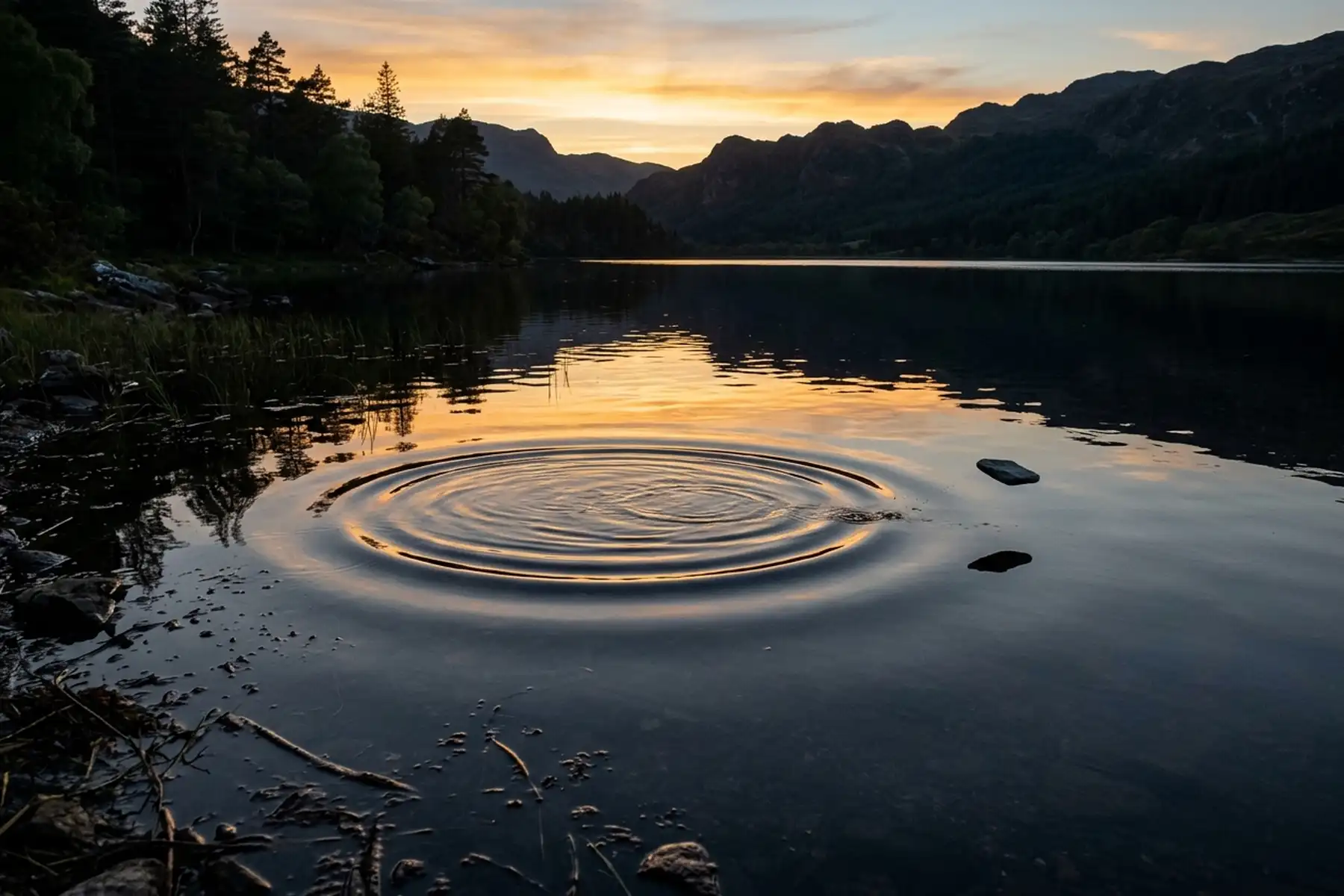 Circular ripples expanding outward from a single drop on a still mountain lake at golden-hour sunset, mountains silhouetted in the background — the widening effect of one small consistent action