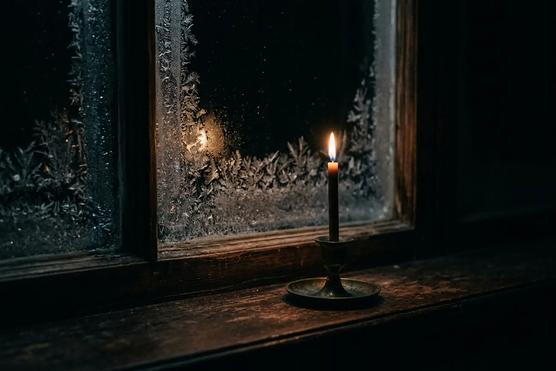 A single lit candle in a brass holder on a wooden windowsill, frost crystals covering the dark glass behind it — the warmth of a small flame before the cold outside, like warming up fingers before practice