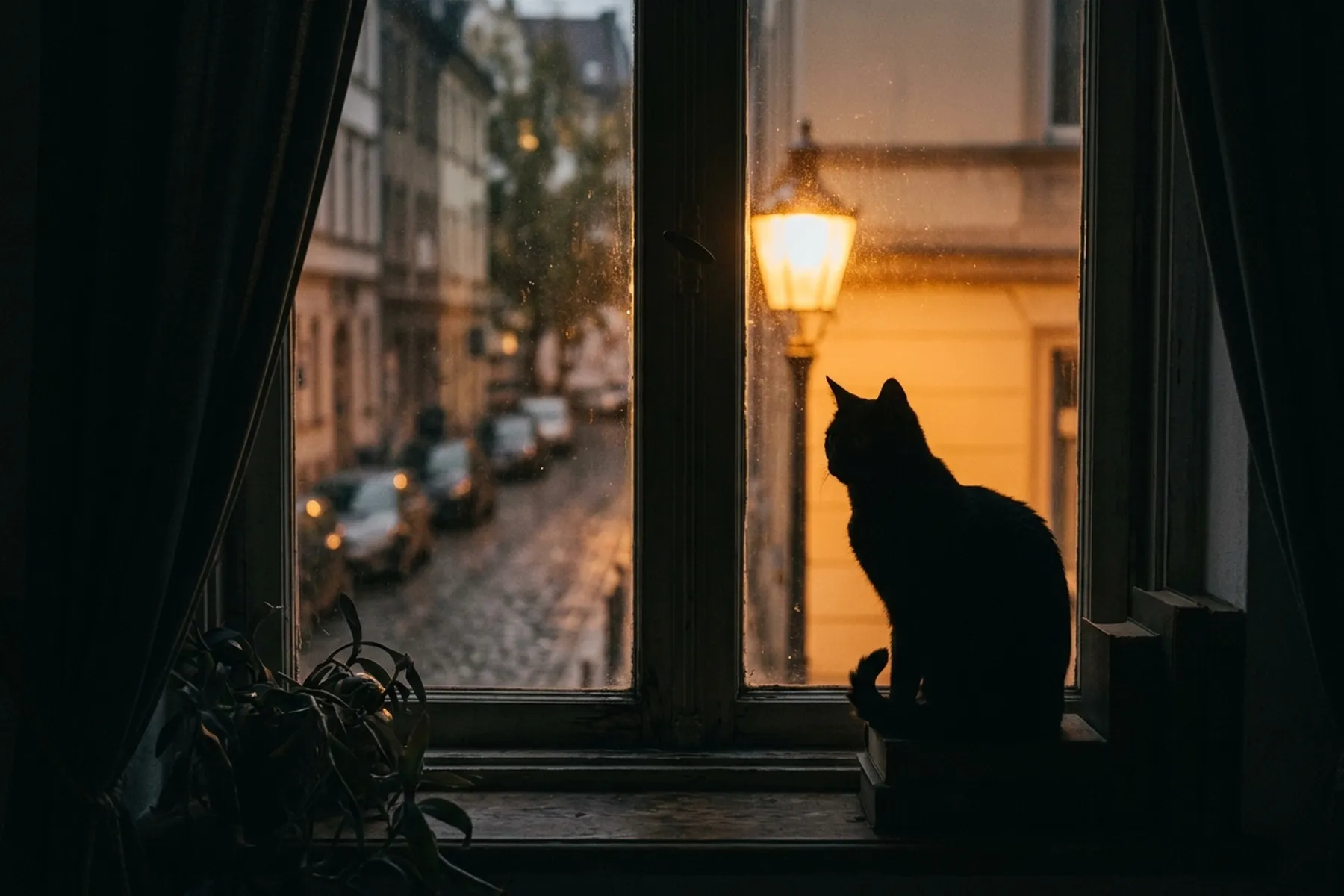 A cat silhouetted against a warmly lit street lamp at dusk, sitting alert on a windowsill and gazing at the cobblestone street below — still, focused, and ready to move with precision