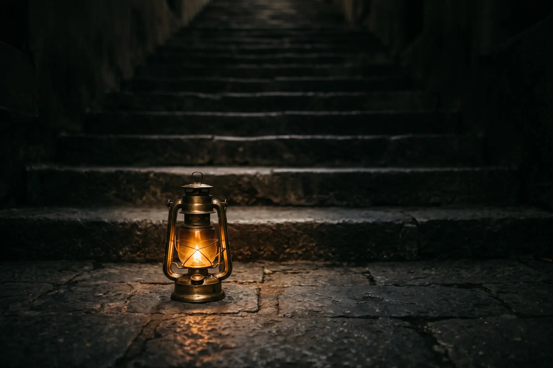 A brass lantern set at the foot of a dark stone step, its warm light spilling across the ground just before the rise — the way prepared before the climb.
