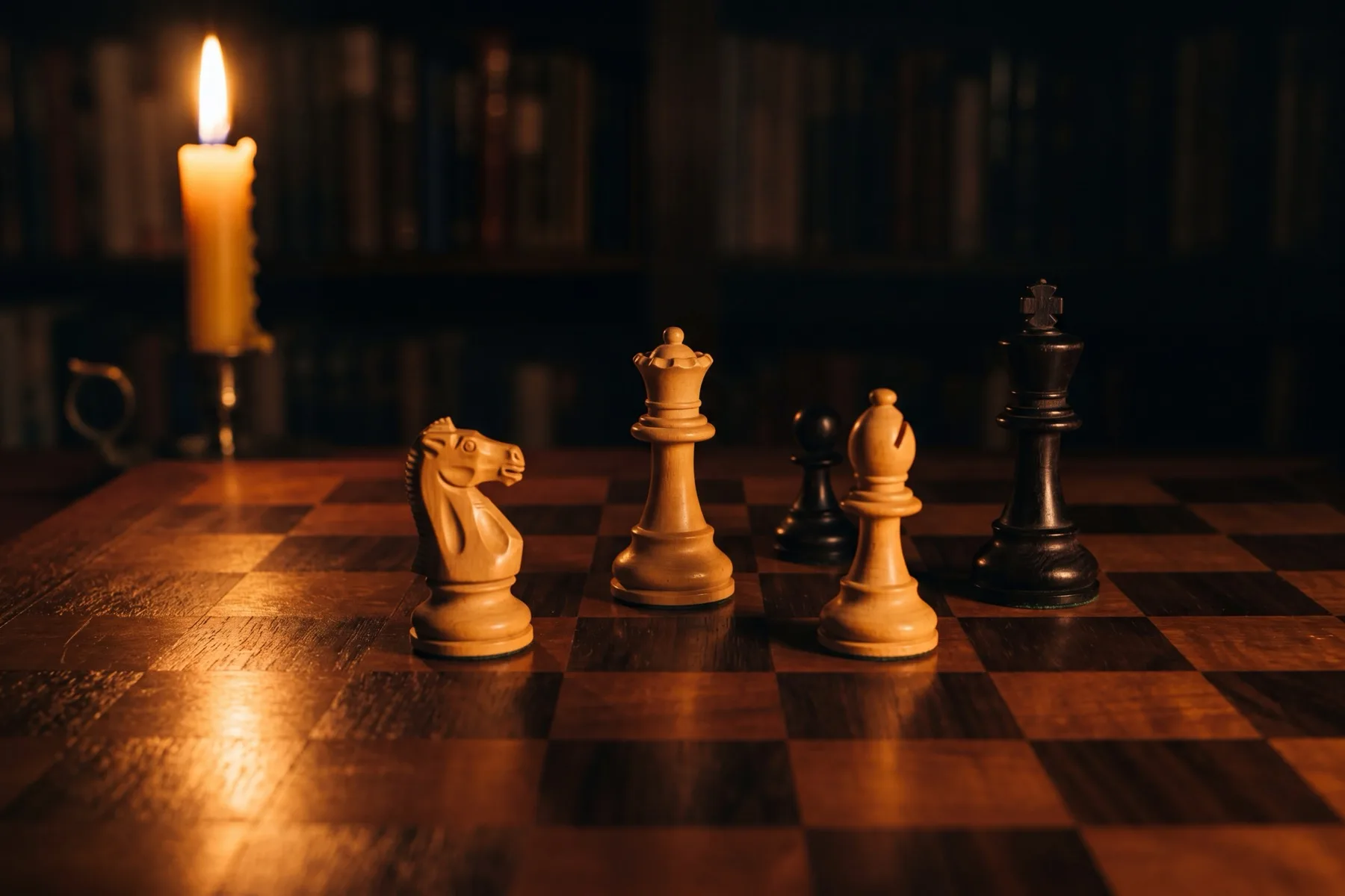 Five chess pieces arranged in a purposeful formation on a candlelit board, each placed with intent — the visual metaphor for fingers organised deliberately before a note is played