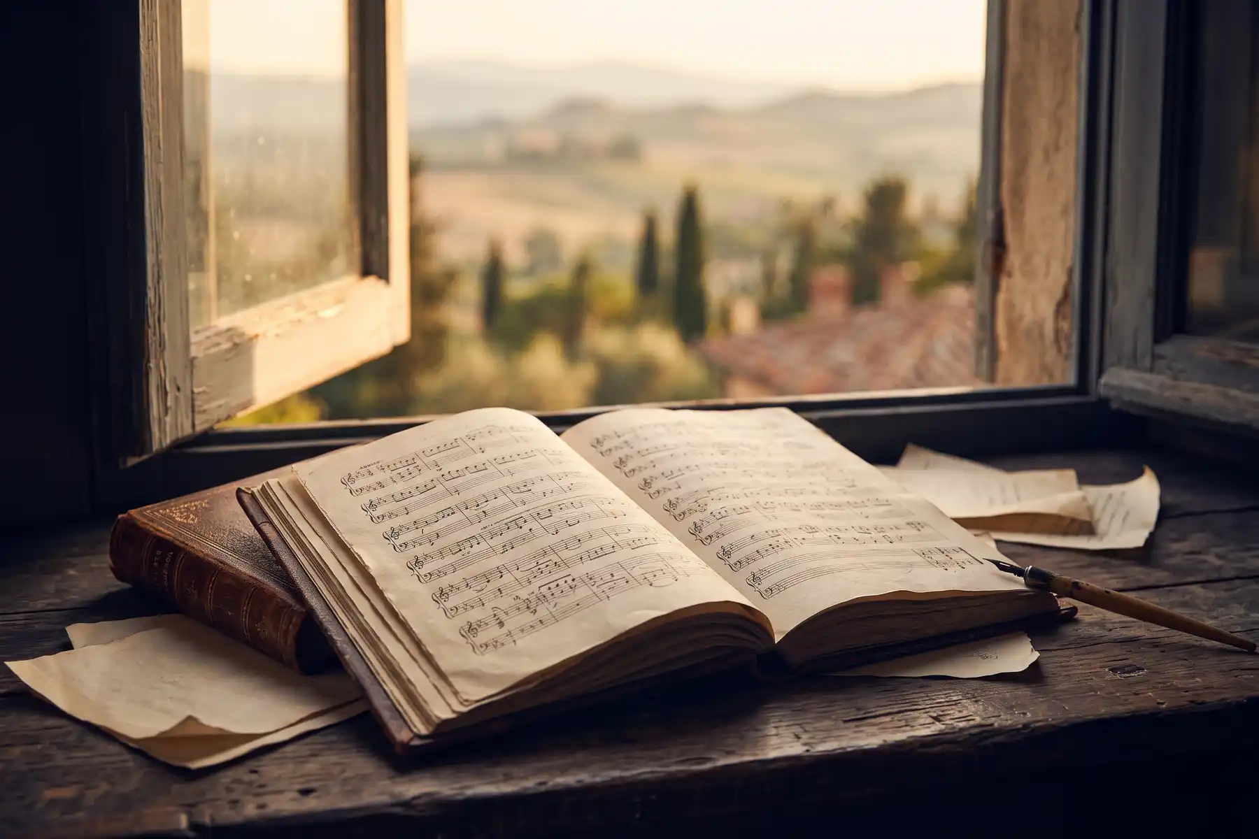 An open antique manuscript book of handwritten sheet music rests on a weathered wooden windowsill in warm late-afternoon summer light, with a soft, sun-hazed Tuscan hillside visible through the open window beyond.