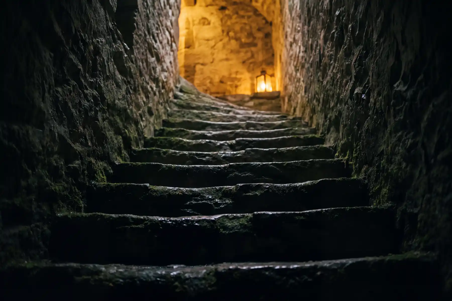 An ancient stone staircase ascending from dark shadow toward a warm amber light at the top — direction unmistakable, destination luminous, the visual of going somewhere with clear intent