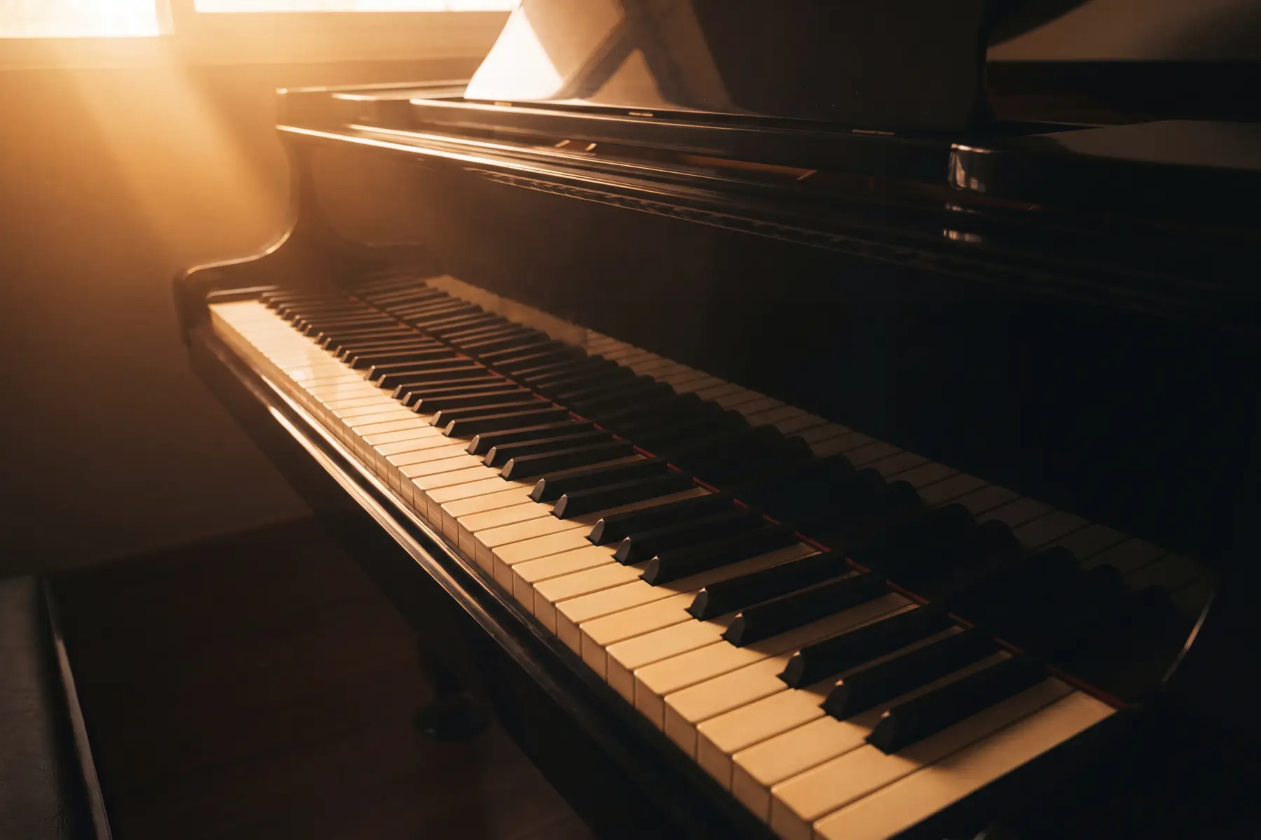 A grand piano keyboard seen from the player's side — the keys illuminated in warm amber backlight, the piano body atmospheric and dark, no hands present anywhere in the frame