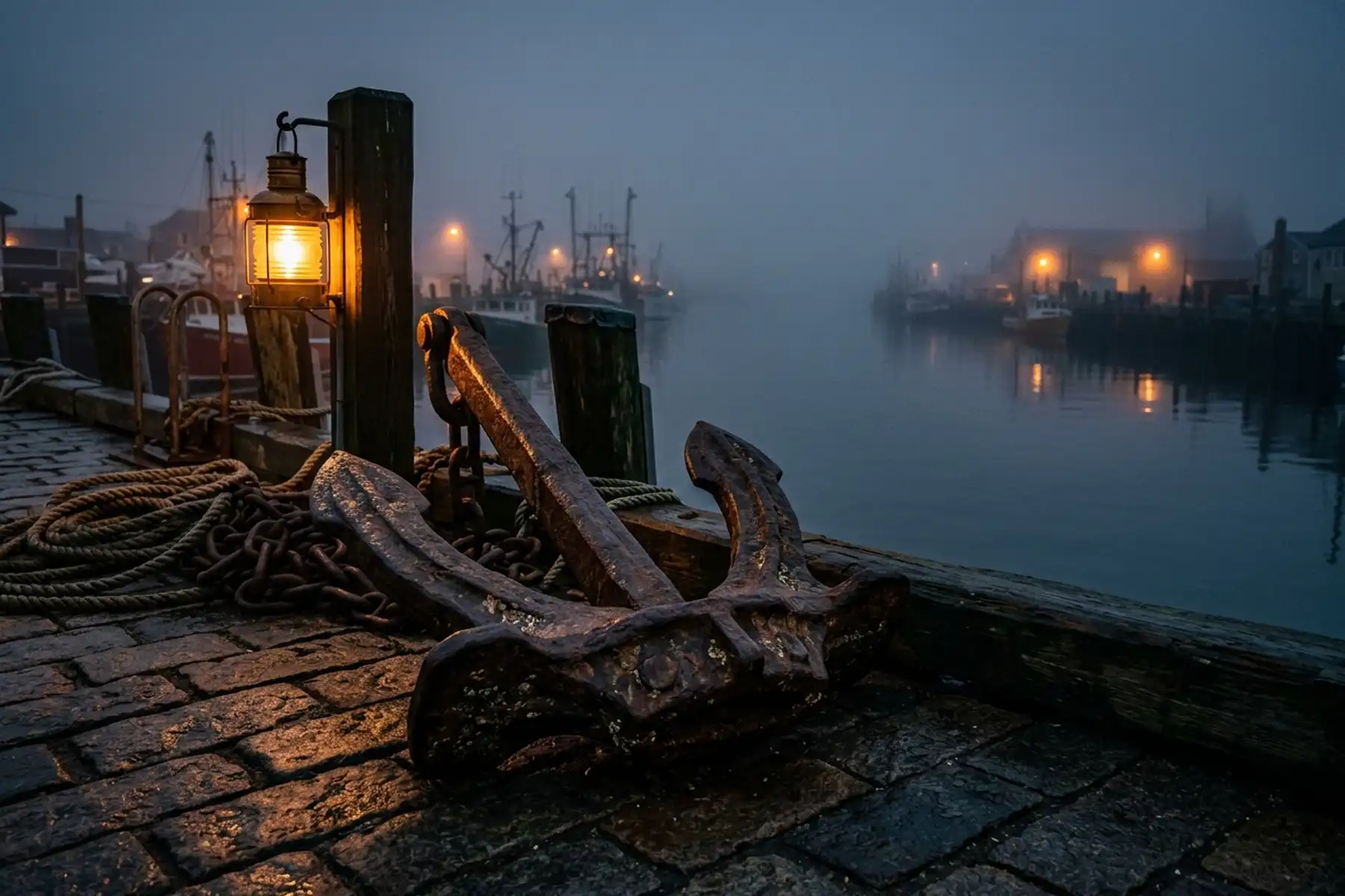 A large iron anchor resting on wet cobblestones at a misty harbour dock at night, a glowing lantern beside it and moored fishing boats visible in the blue fog beyond