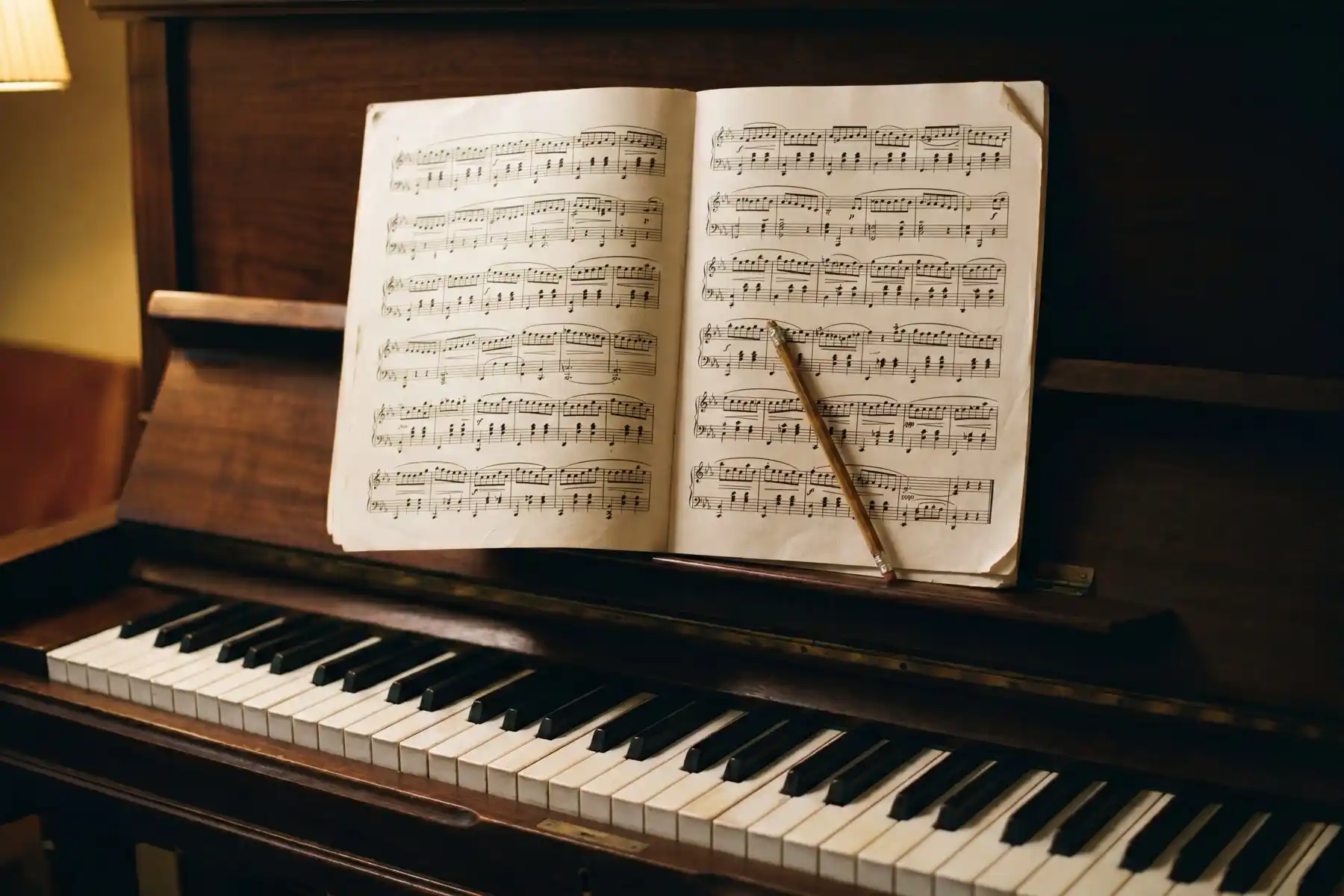 A hand holds a pencil above an open music score on a stand under reading-lamp light, studying and mapping before playing a note
