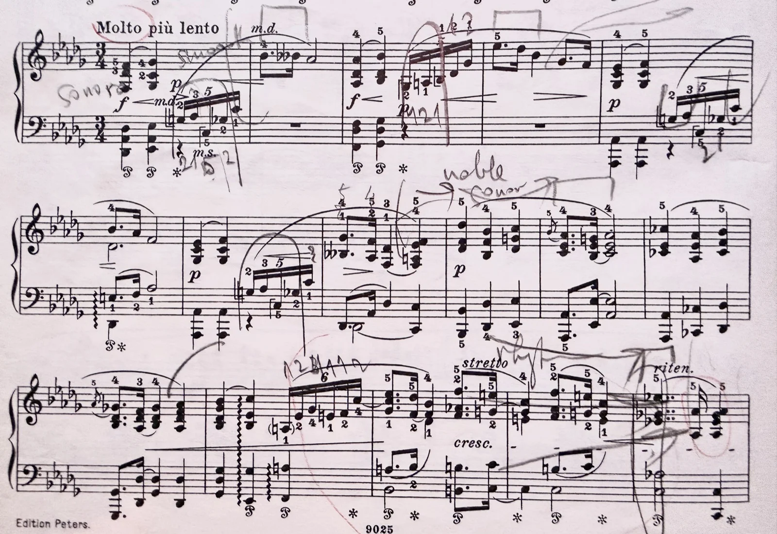 Chopin Nocturne Op. 48 No. 2, Molto più lento — Lars's own score with the gravity points marked in pencil: hooks over the noteheads and arrows back to each phrase's start.