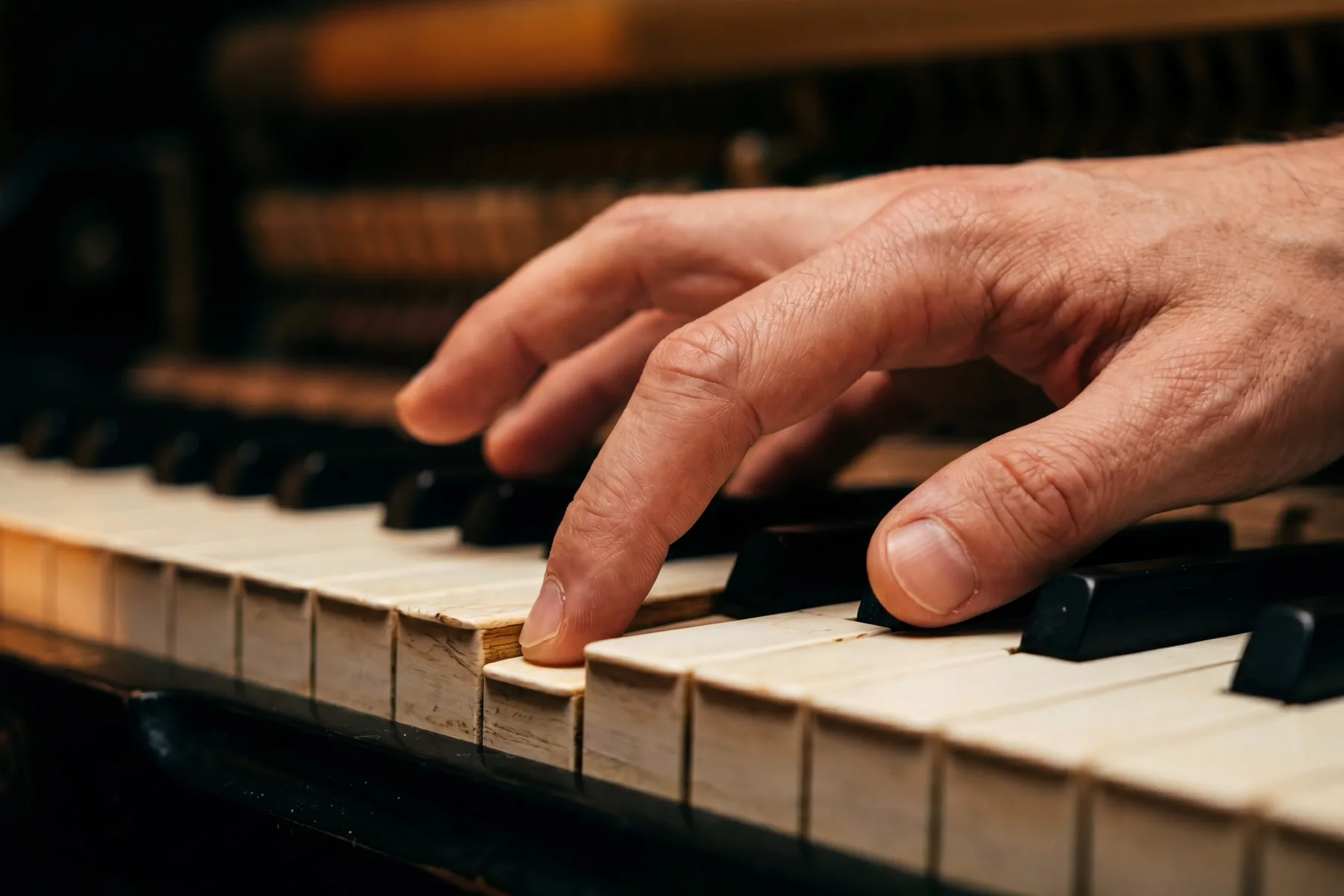 An old wooden door ajar, warm amber light spilling through the narrow gap onto a dark floor — the next thing already beginning, the forward motion that carries you into the next note