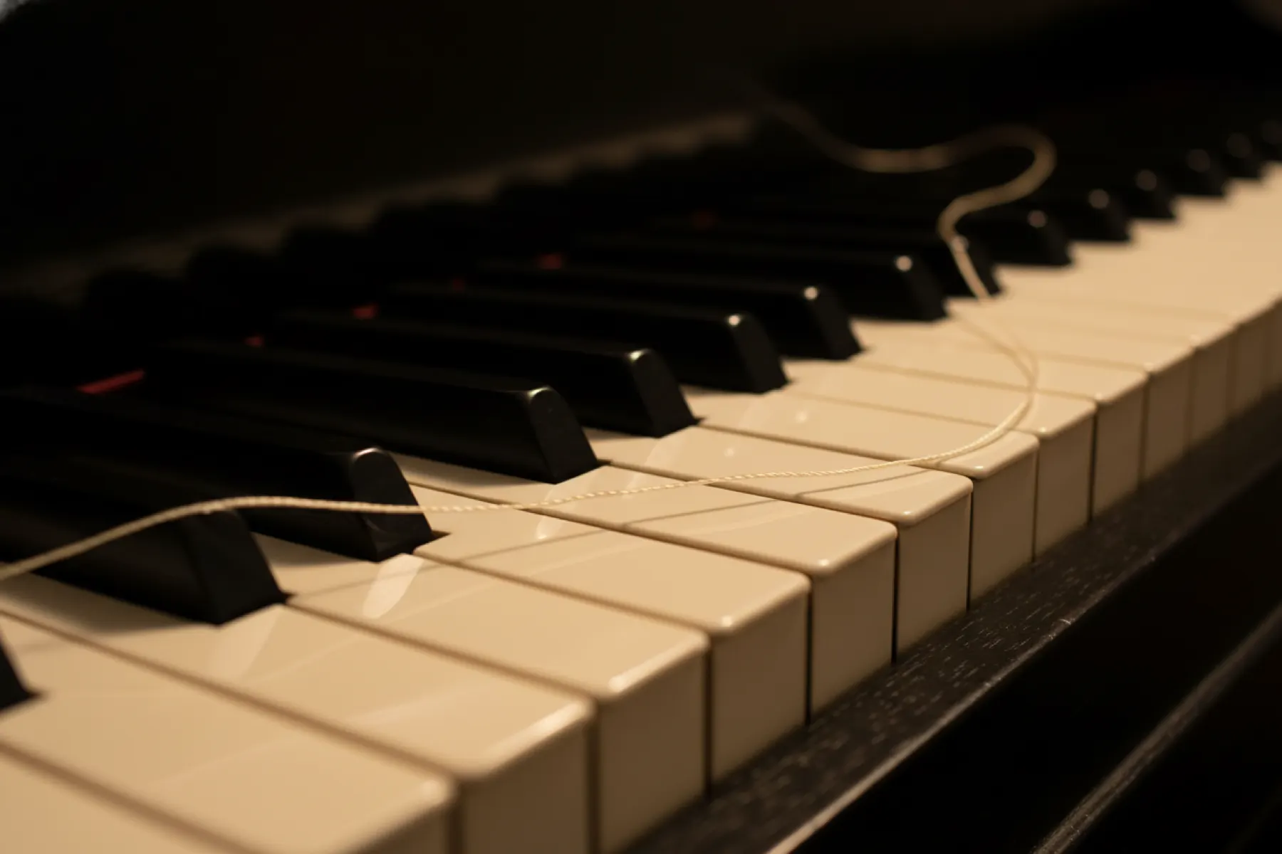 Grand piano keys receding into shadow at low angle, a single fine thread tracing an unbroken line across the keys — the physical metaphor for true finger-legato connection