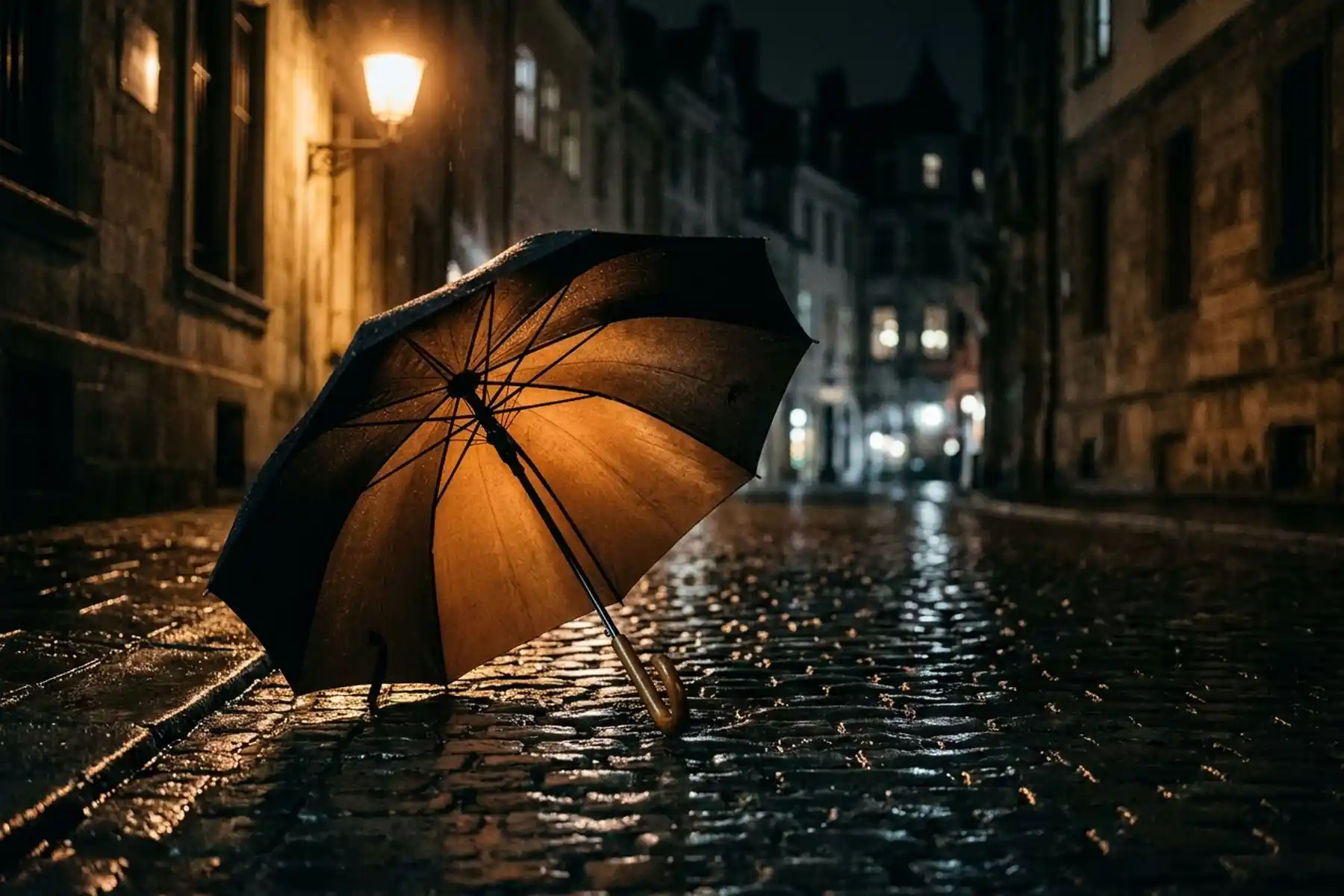 An open umbrella resting on a wet cobblestone street at night, lit from below by a glowing street lamp in a narrow old-town alley — the arched canopy shape that mirrors the default piano hand position