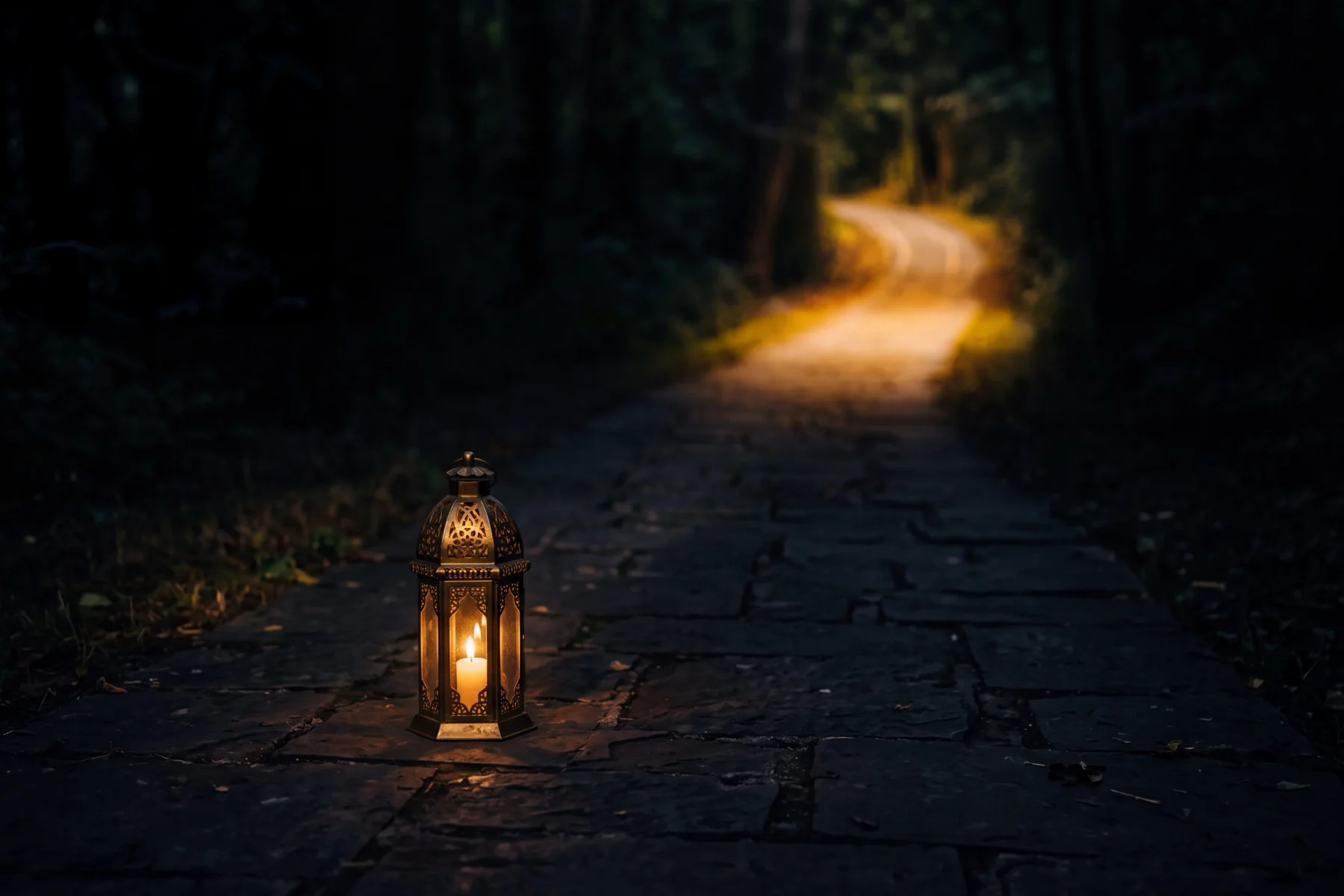 A brass lantern on a dark stone path casting its light far down the road, illuminating a distant bend before the path arrives there.