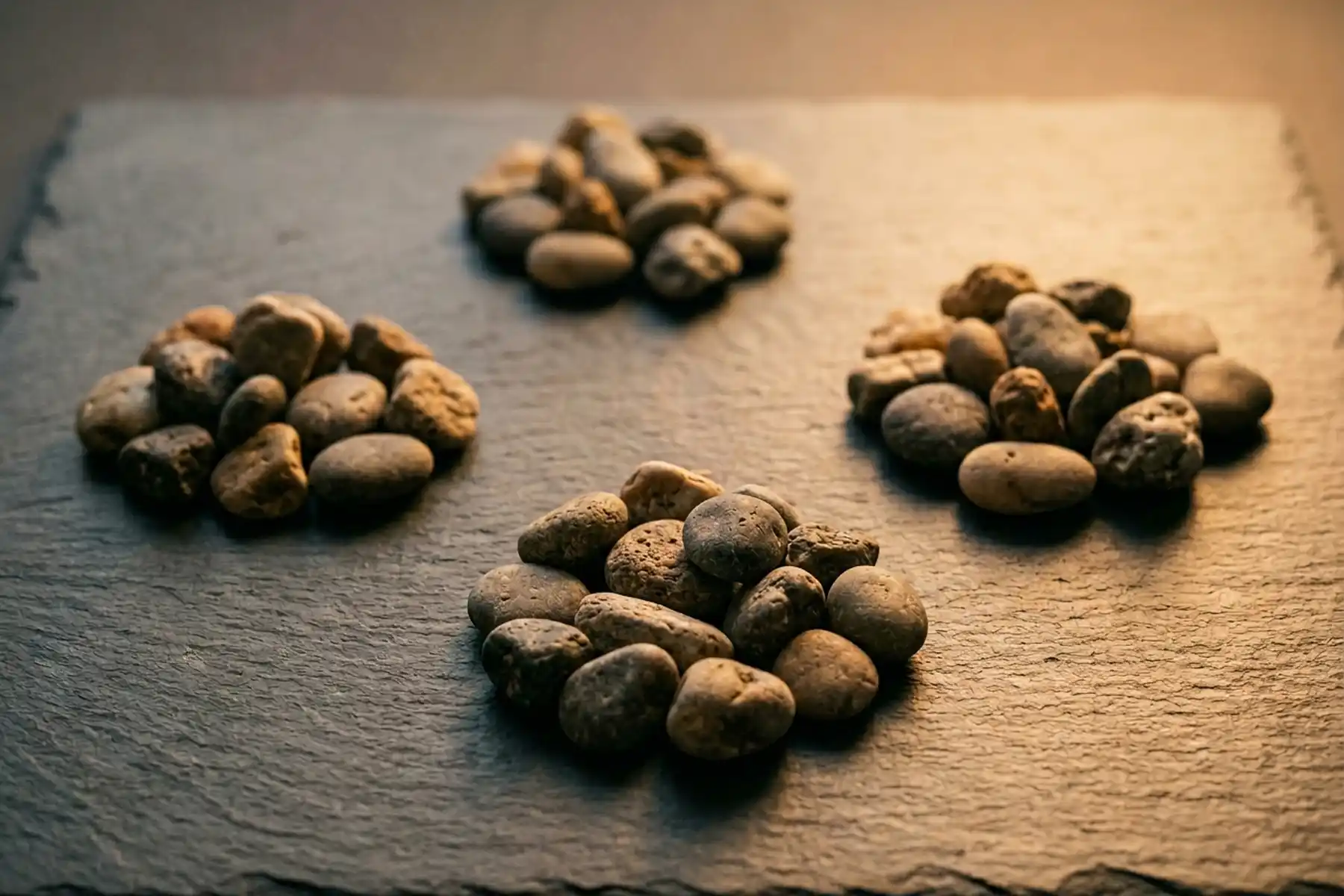 Four small clusters of smooth river pebbles arranged in groups on a dark slate surface in warm side-light — each cluster a self-contained unit, like notes grouped into a single prepared hand position