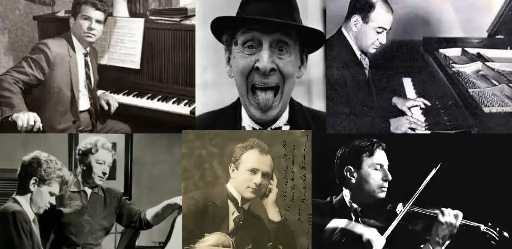 Group photo of Ukrainian-born pianists: Vladimir Horowitz, Nathan Milstein, Josef Lhevinne, Shura Cherkassky, and Emil Gilels