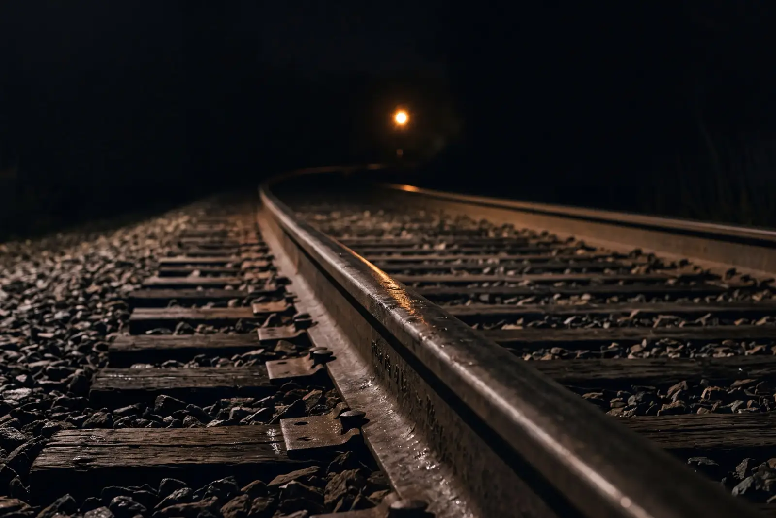 Iron train rails curve away into darkness, lit only by a single distant amber light where they disappear.
