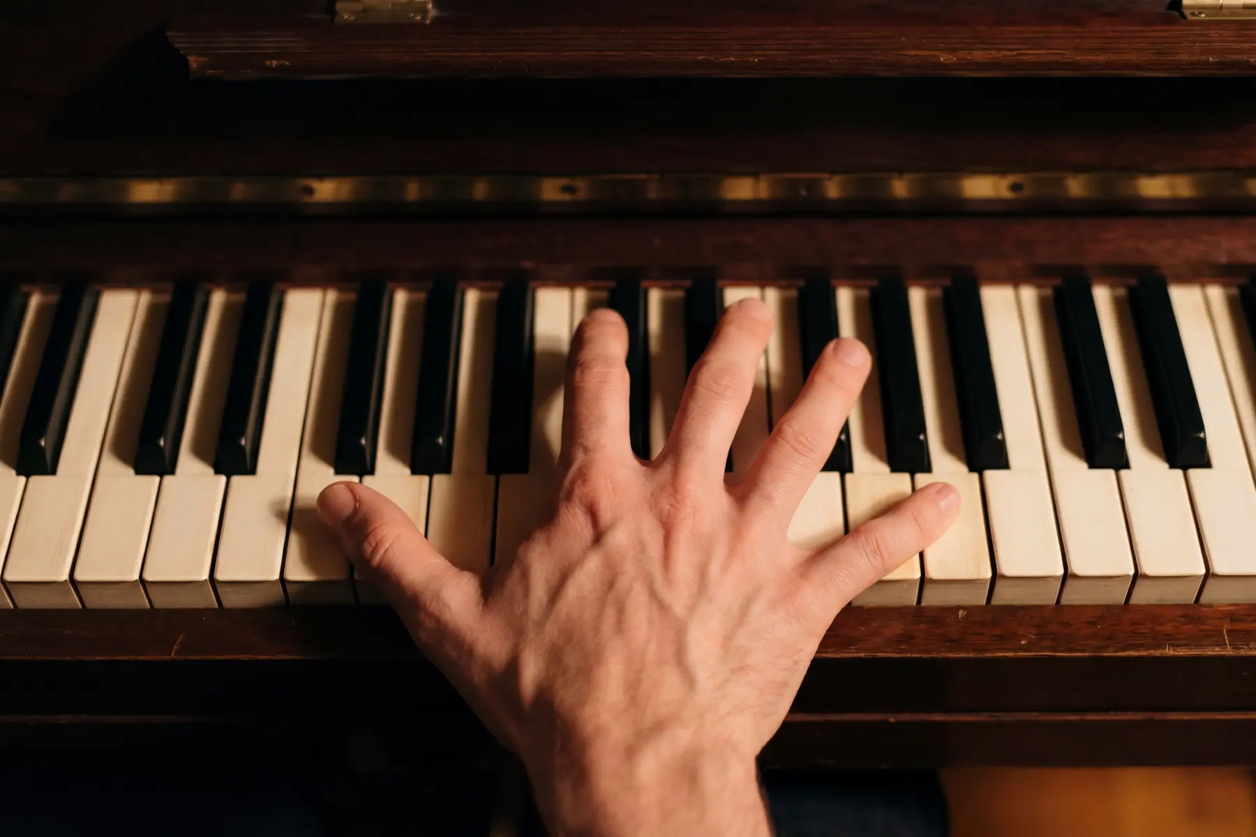 A hand spans wide across piano keys from above, showing the full reach of an arpeggio position