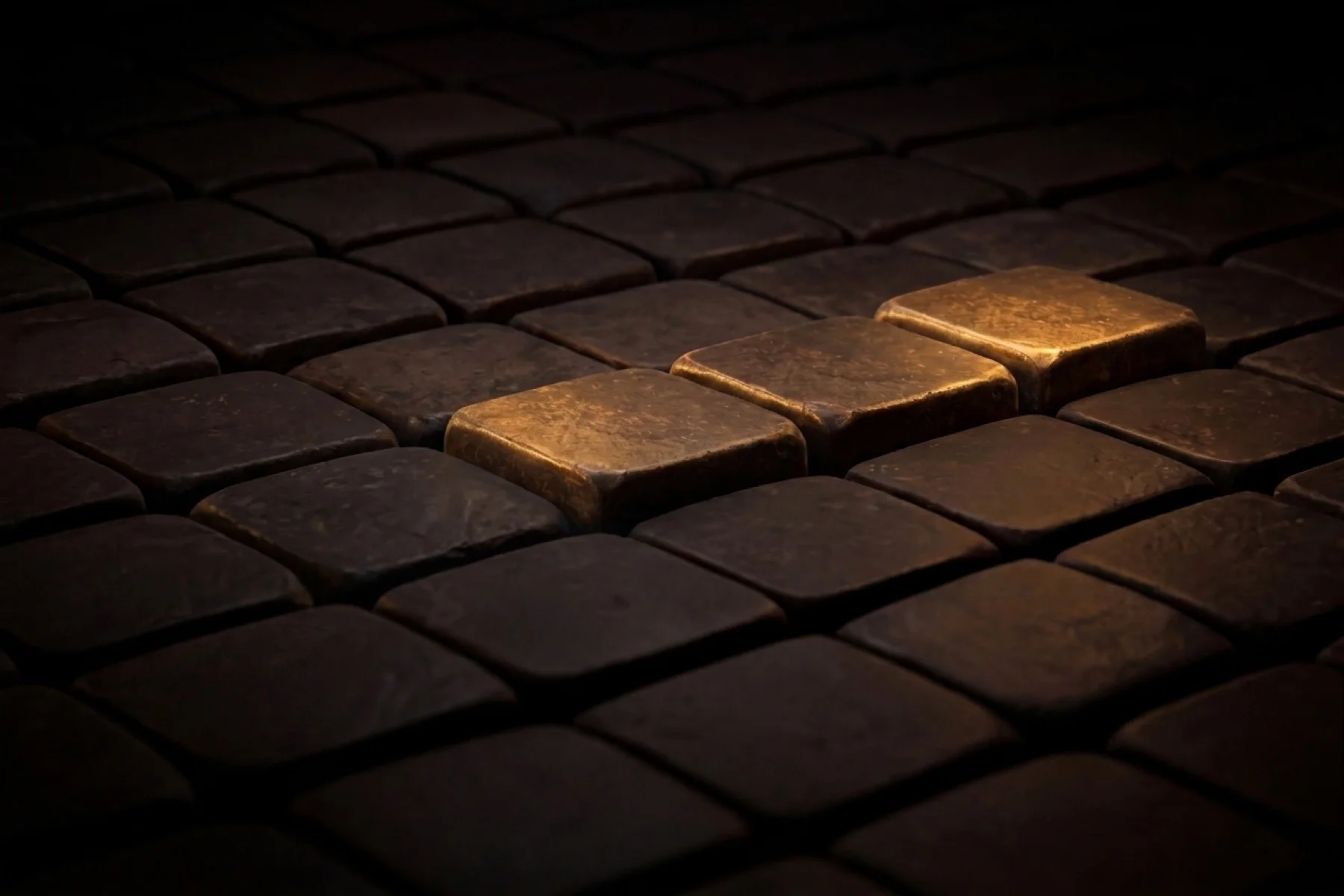 Three warm gold-lit stone tiles rising together in a row from a dark, evenly settled grid of stone tiles, evoking three keys grouped at one shared depth.