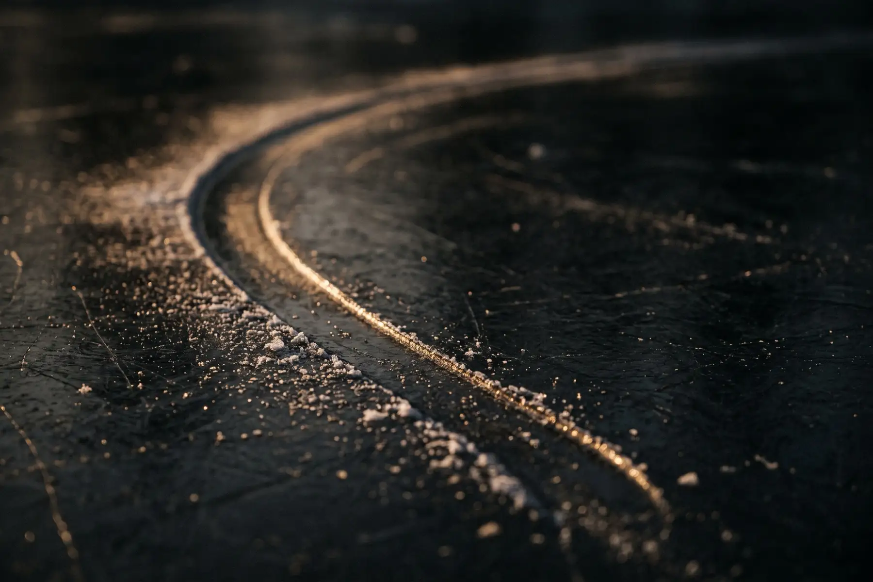 A lone skate groove carves one continuous golden arc across dark ice — momentum carrying the glide evenly from edge to edge.