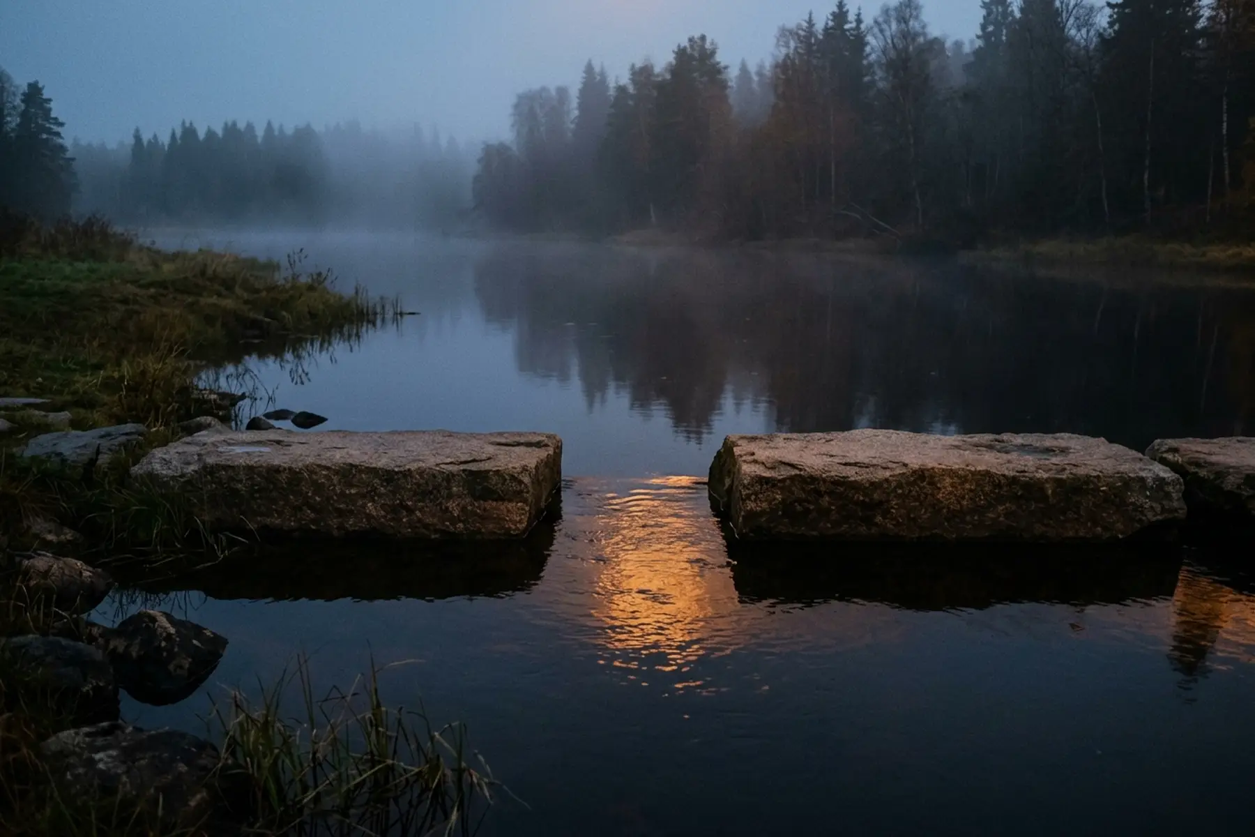 Two flat stone slabs at the edge of a misty lake at dusk, separated by a narrow gap with warm light reflecting in the water below — the gap between two landing points in low, atmospheric light
