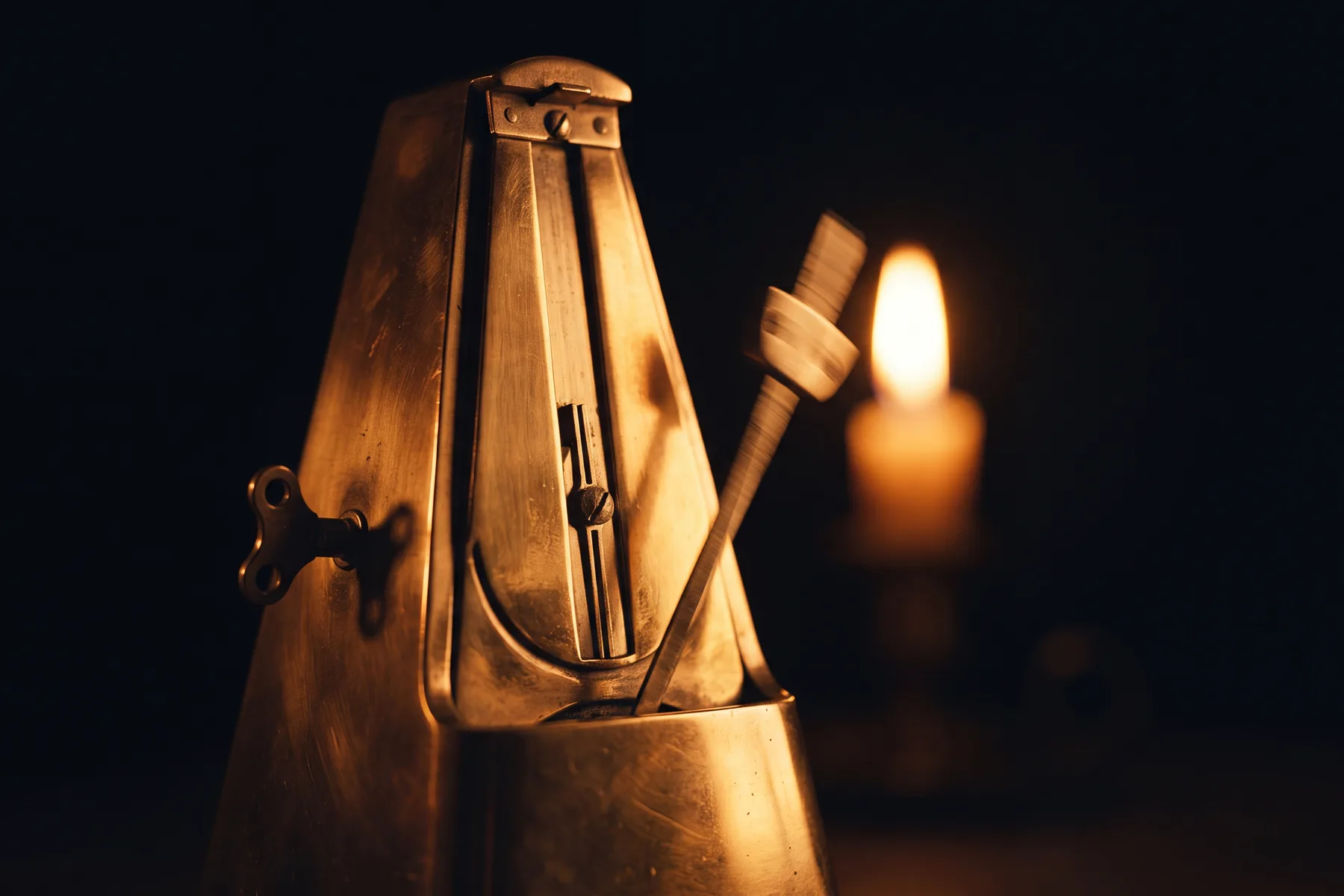 An antique brass metronome mid-swing, its pendulum blurred by motion, glowing in candlelight against a dark room — a steady pulse that still looks hurried.