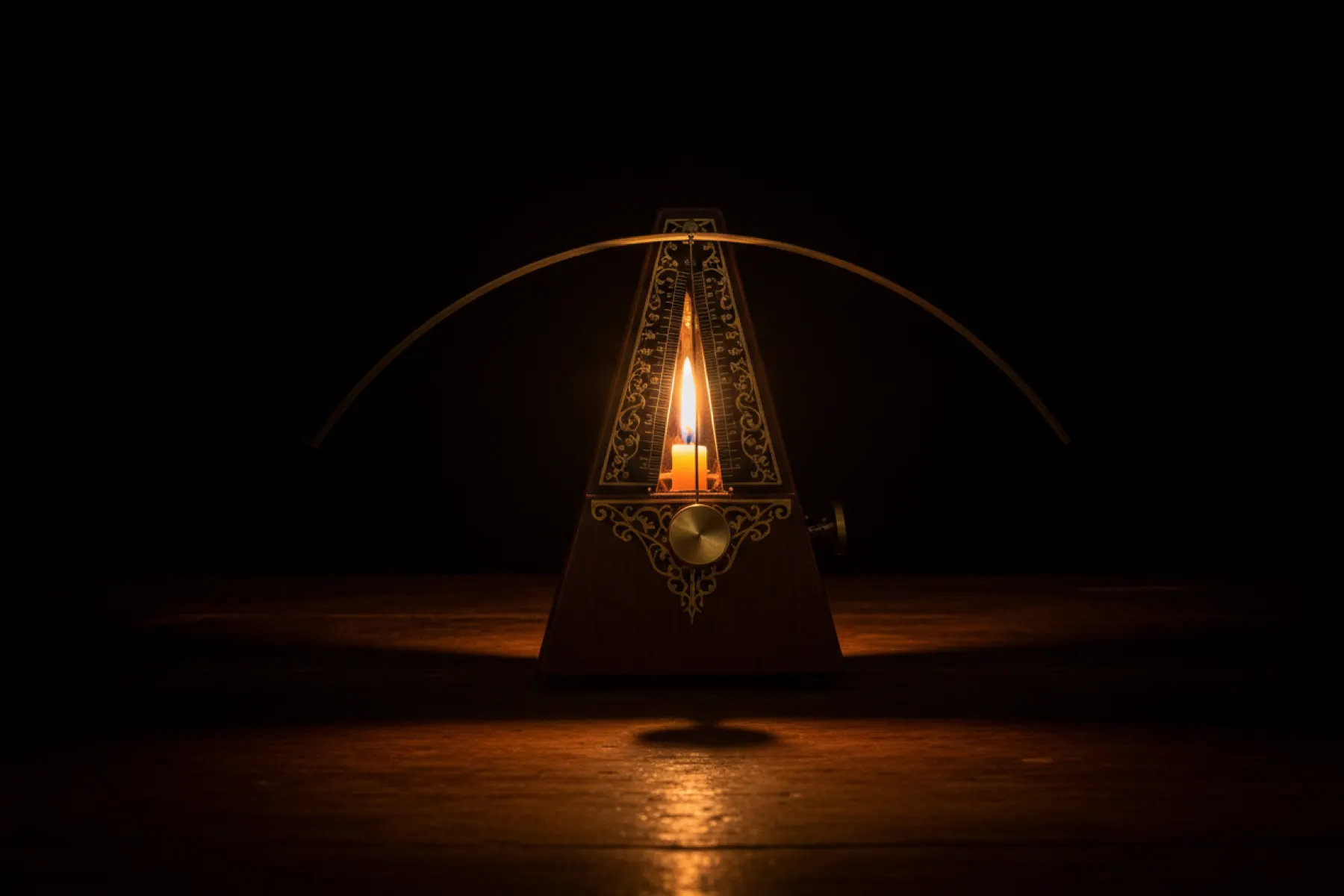 Antique mechanical pyramid metronome glowing with candlelight from within, its pendulum arc traced overhead — deliberate time made visible