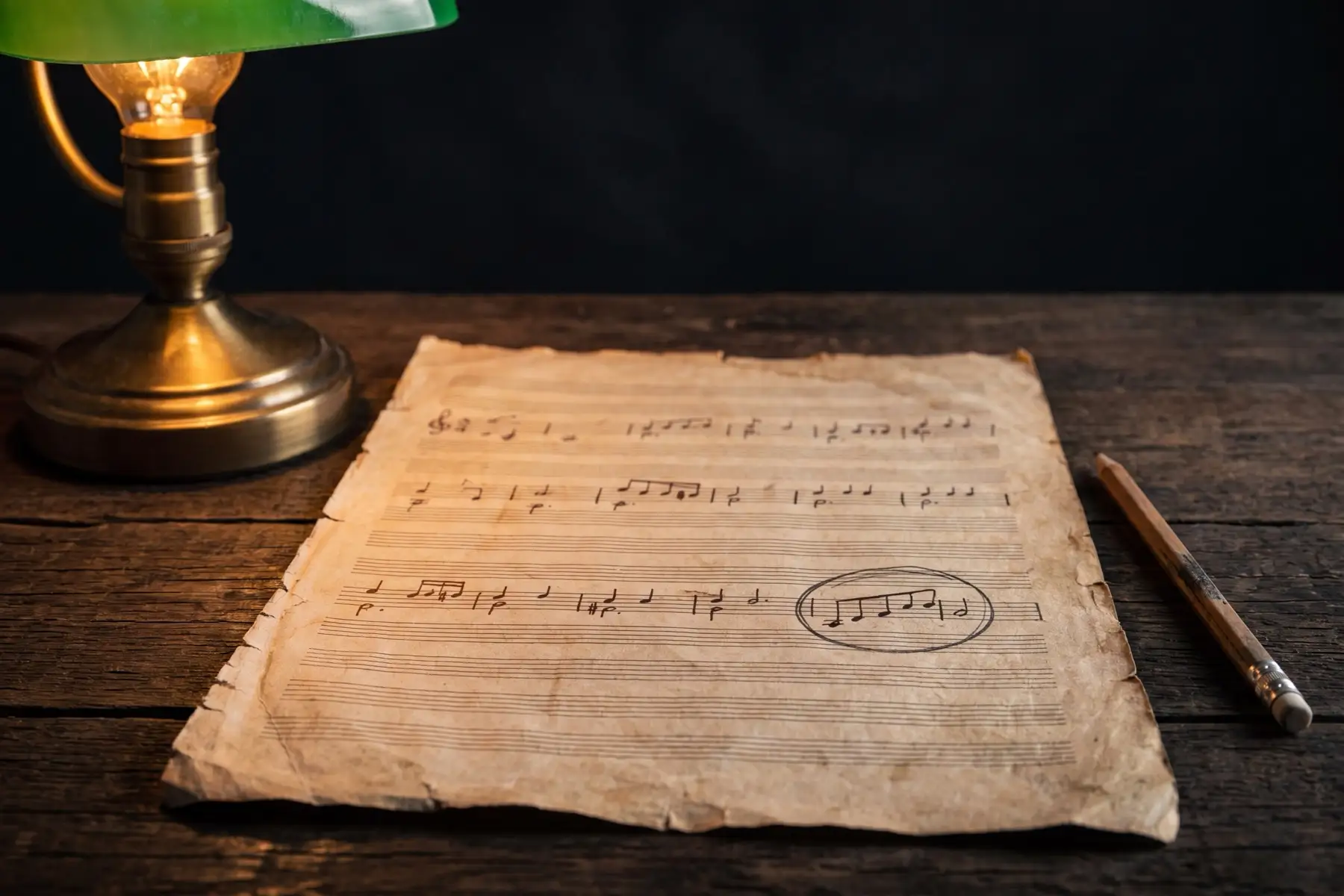 Old sheet music under a desk lamp, one measure circled in pencil