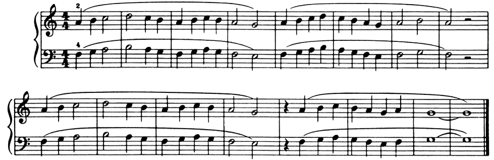 Two systems of piano music on a grand staff with no sharps or flats — both hands moving together in quarter notes and half notes, ending on a tied whole note.