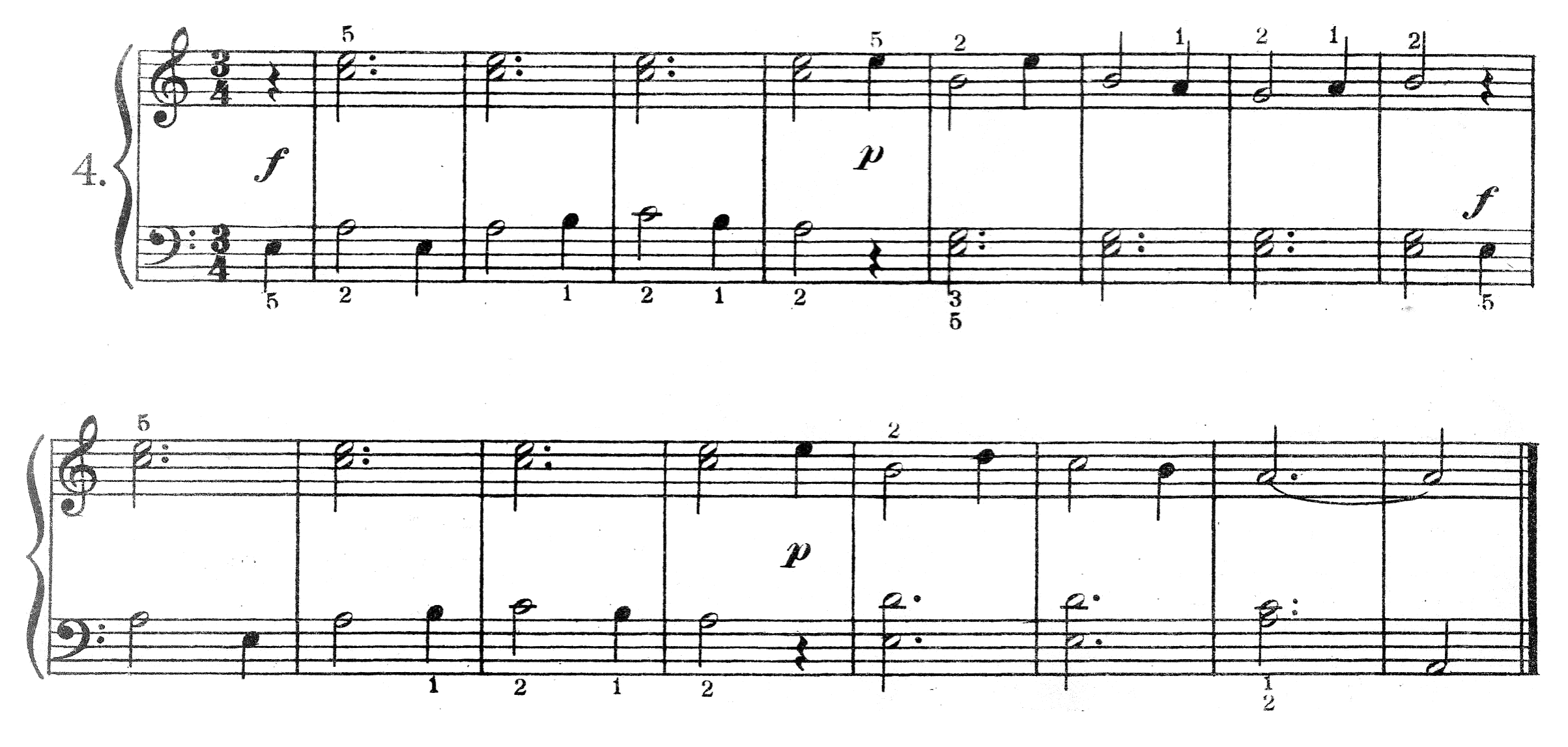 Two systems of piano music on a grand staff with no sharps or flats, in three-four time — the right hand holding a two-note chord through whole bars while the left hand moves underneath in quarter notes, loud and soft answering each other.