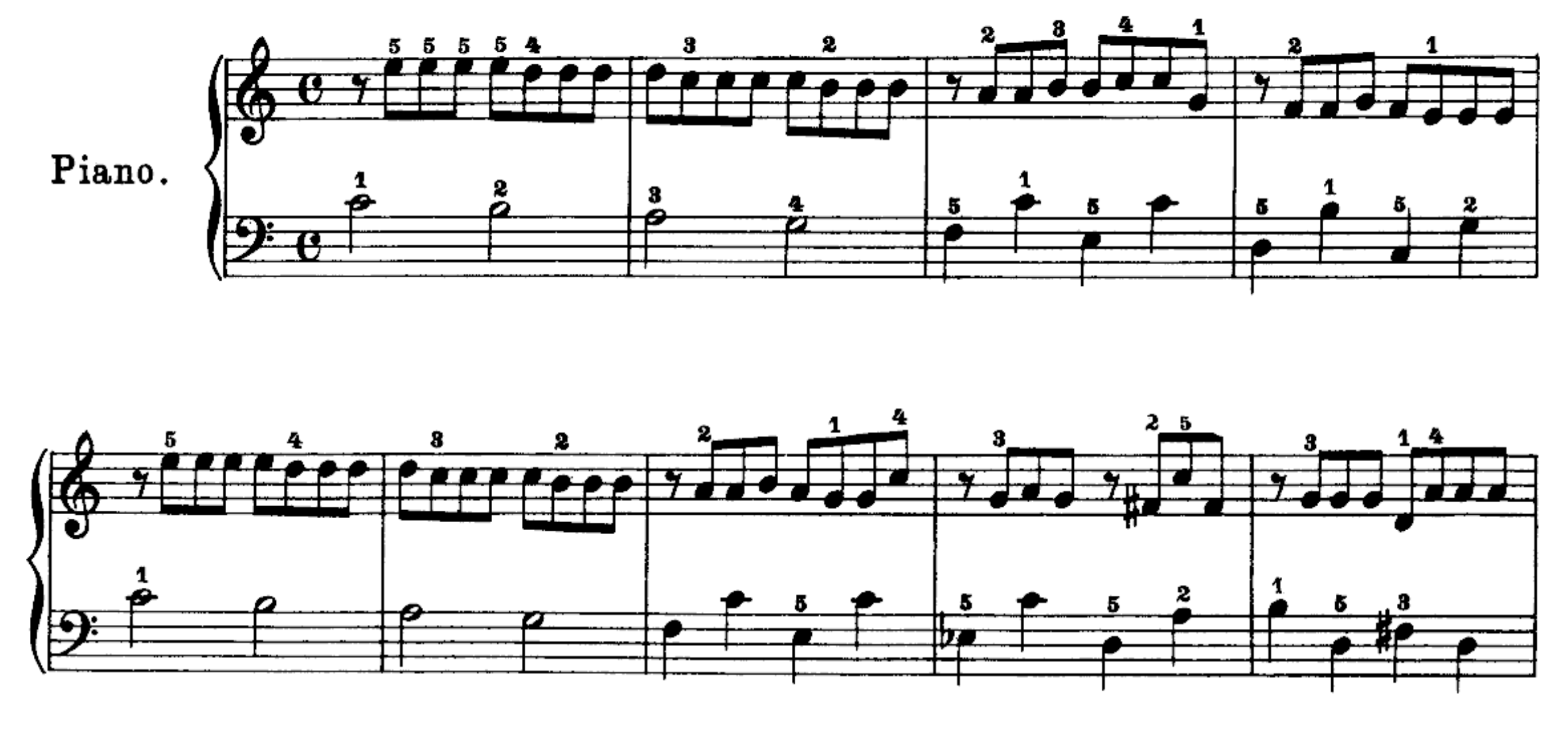 Two systems of piano music on a grand staff in C major — the right hand in running eighth notes, the left hand in half notes and quarter notes.