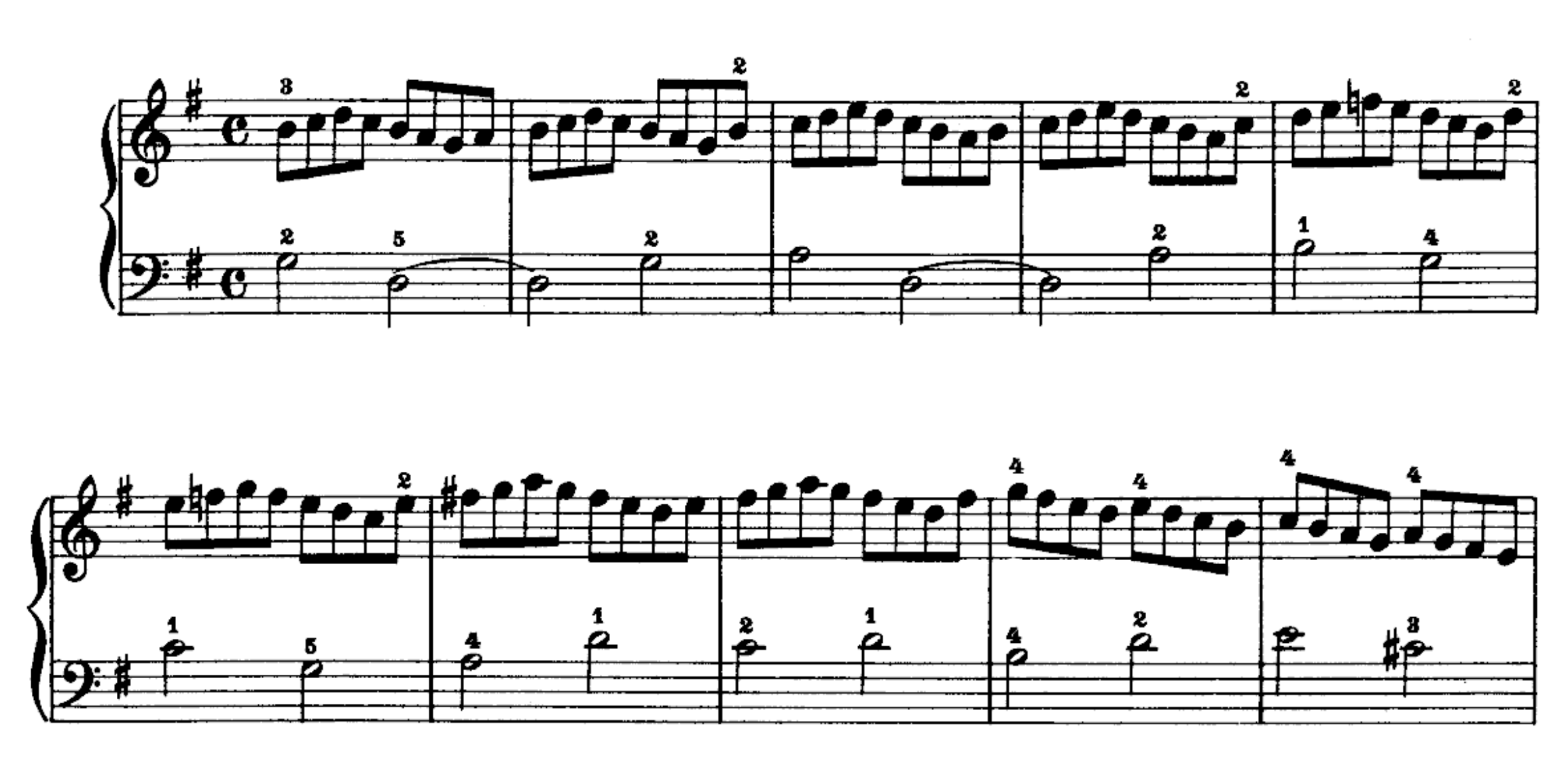 Two systems of piano music on a grand staff in G major — the right hand in a running line of eighth notes, the left hand in half notes tied across the bar lines.