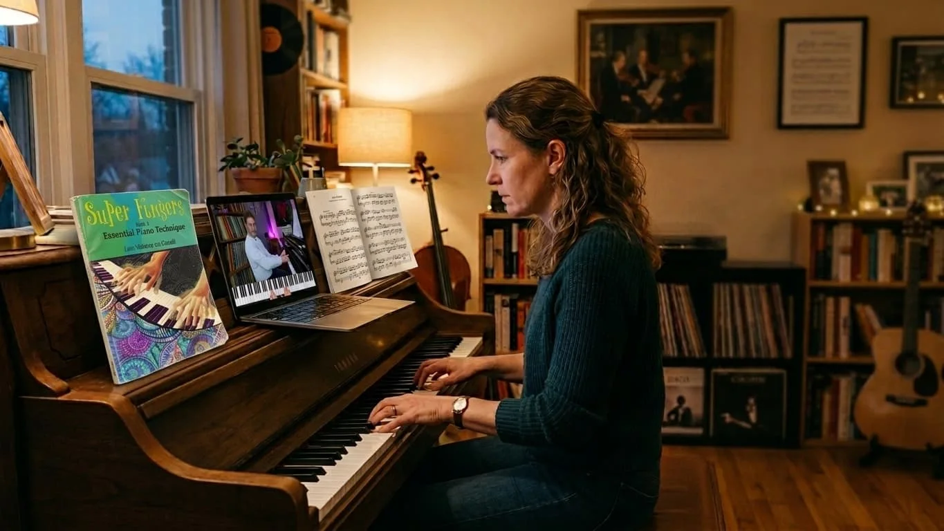 A pianist following an online Piano Fantasy course at the piano