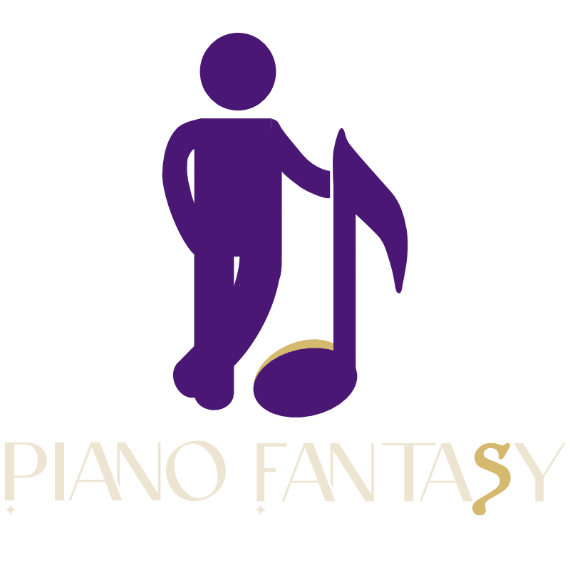 Piano Fantasy (white) logo with music man